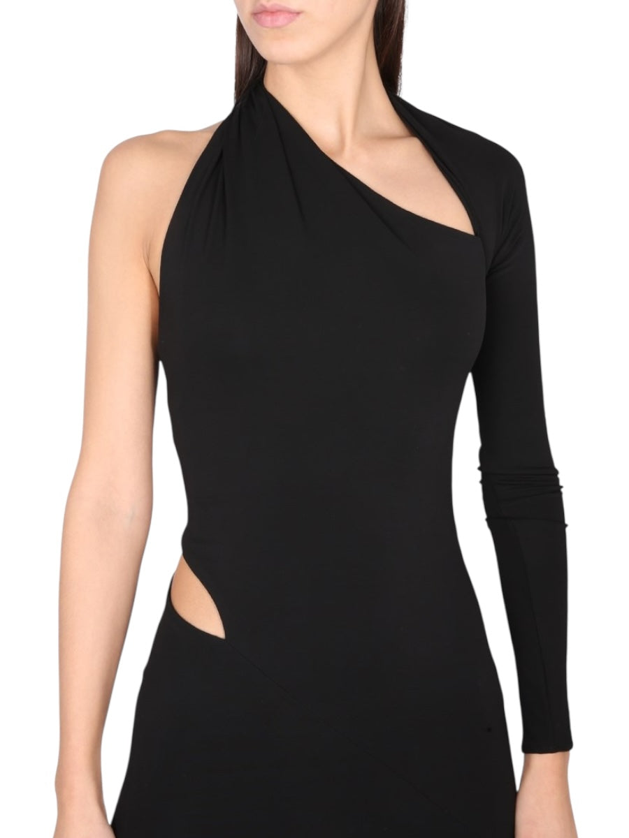 Versace Abito Nero Asimmetrico Monospalla Cut-Out - Taglia IT 38 - Made in Italy.