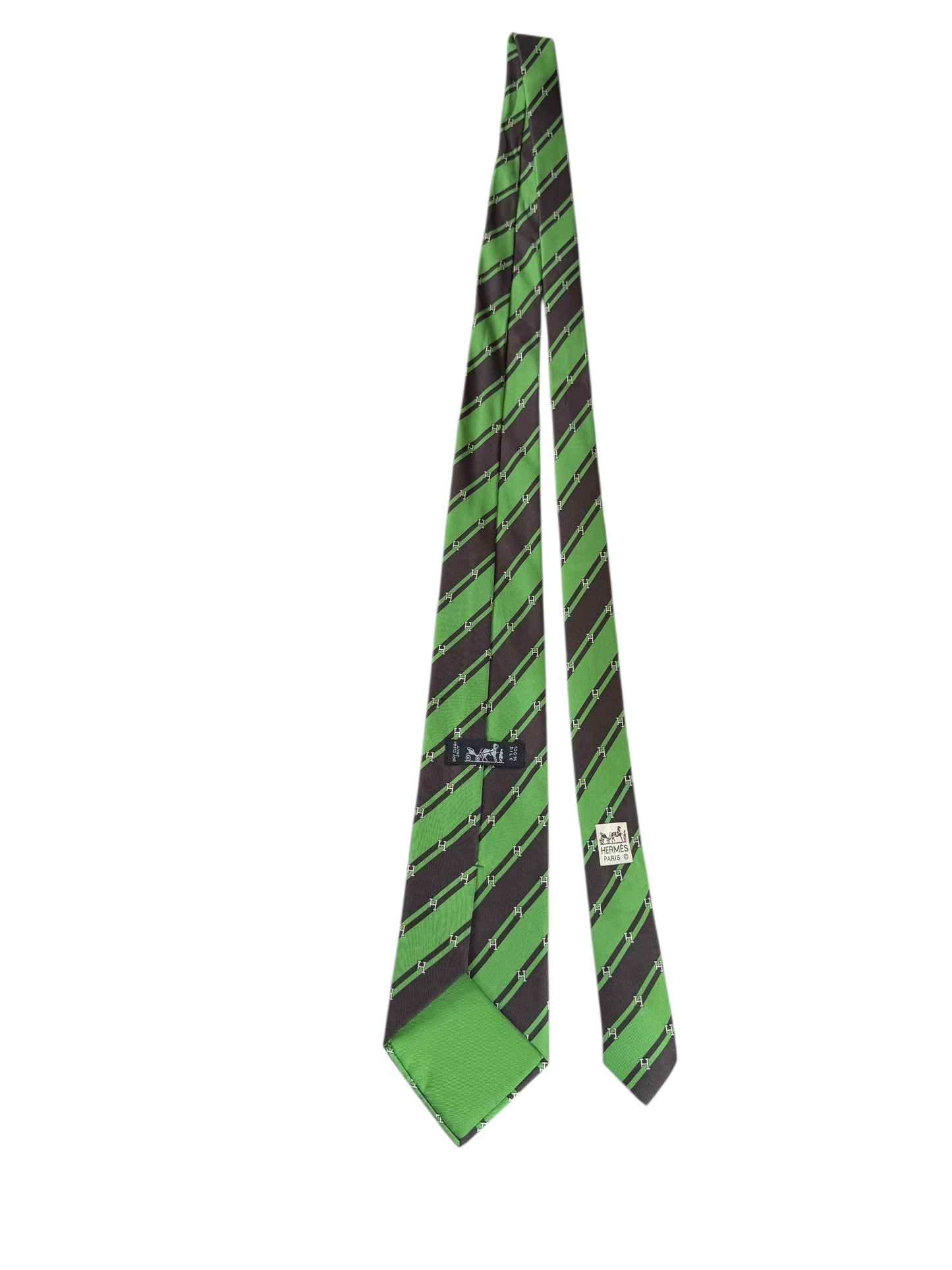 Cravatta Hermès Paris Vintage in Seta – Righe Diagonali Verde/Nero – Logo “H” – Made in France