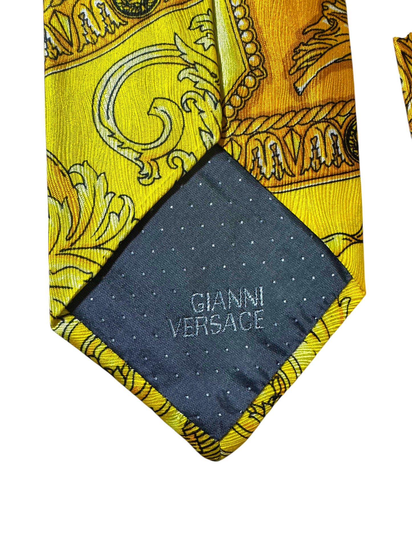 Cravatta vintage Gianni Versace oro barocco con orologi e angeli – 100% seta Made in Italy
