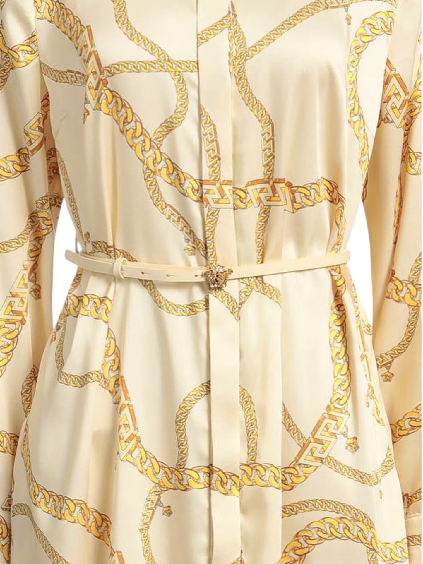 Abito chemisier midi Versace stampa catena oro con cintura Medusa, Made in Italy