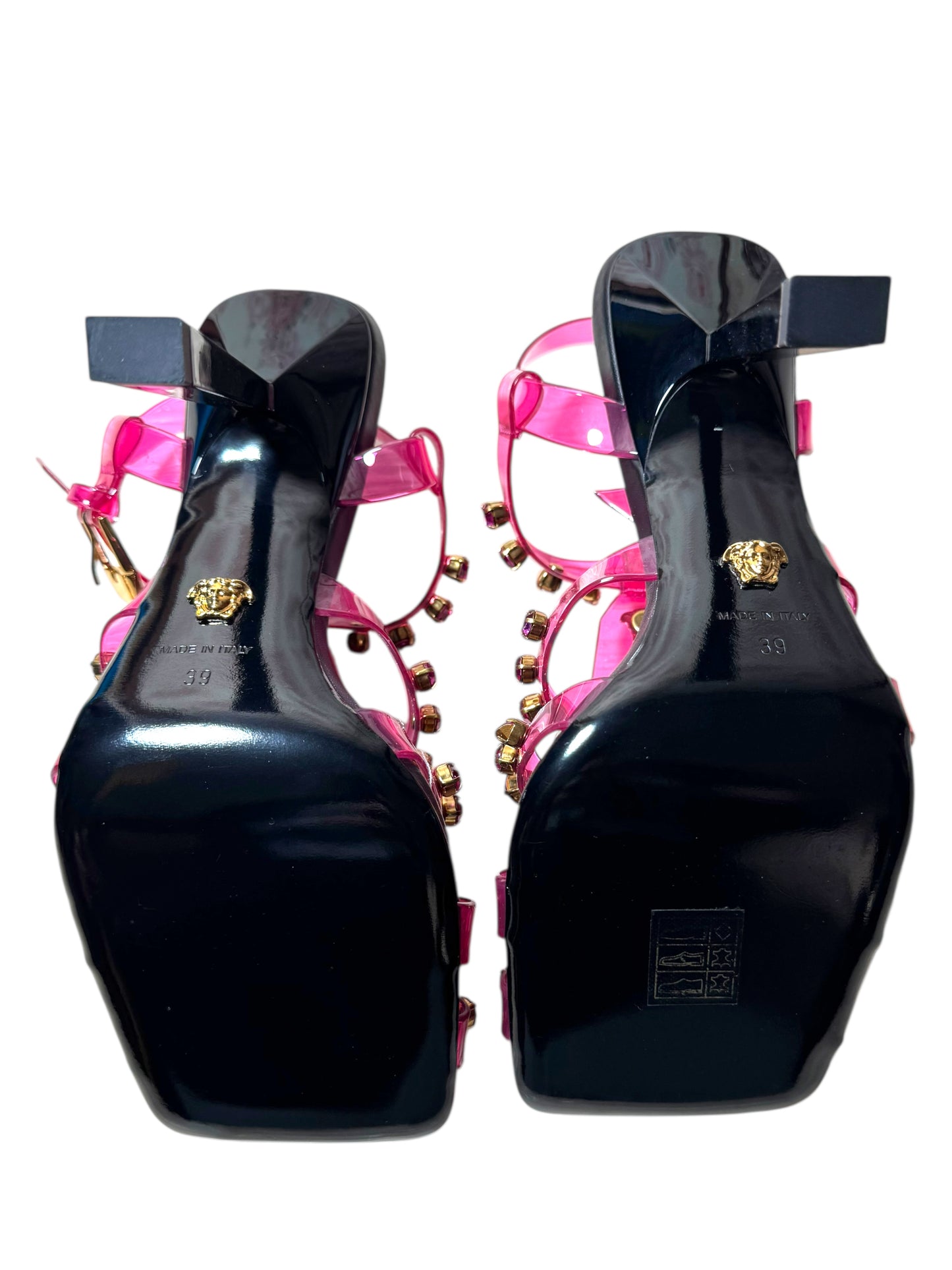 Sandali Versace in PVC rosa con cristalli e borchie Medusa – Taglia 39 IT – Made in Italy