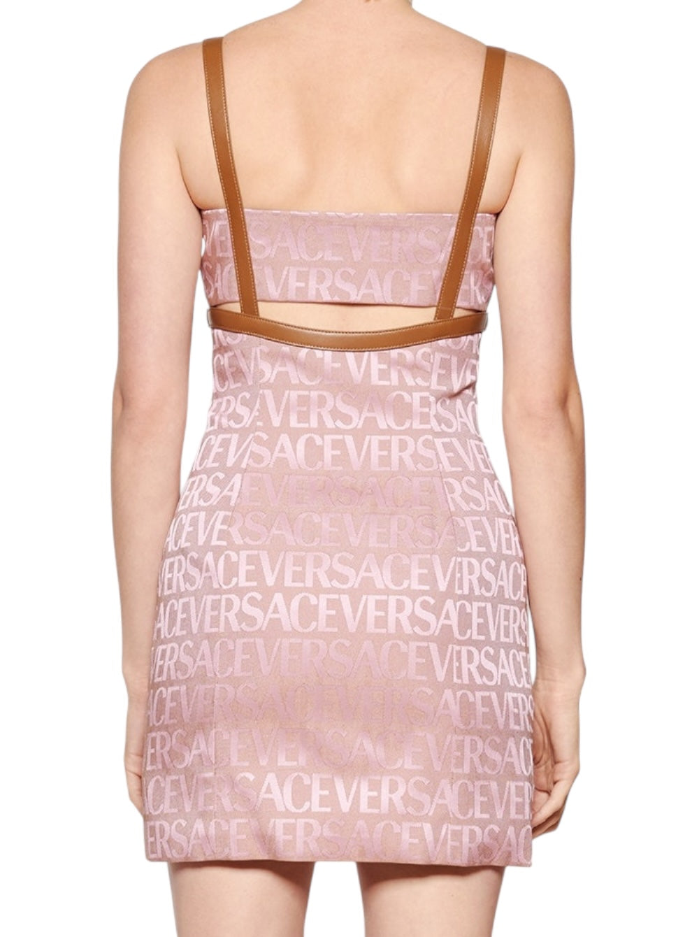 Versace Abito Mini in Tessuto Logato con Dettagli in Pelle e Accessori Iconici Medusa