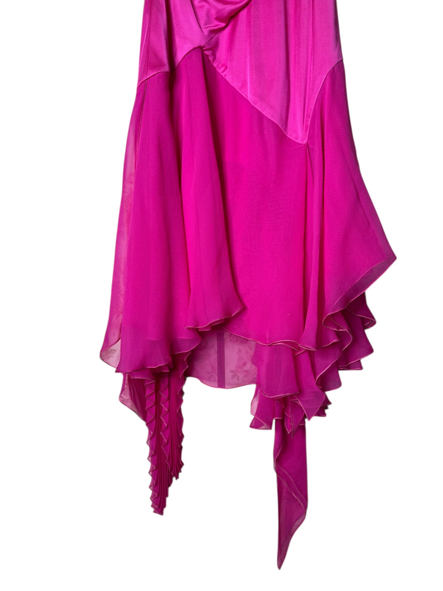 Vestito Versace cocktail in seta fucsia con drappeggi e orlo asimmetrico - taglia 36