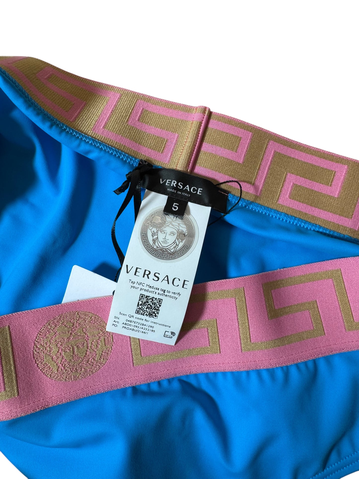 Slip bikini donna Versace blu con fascia Greca rosa e oro - Taglia 5 (XL) - Made in Italy