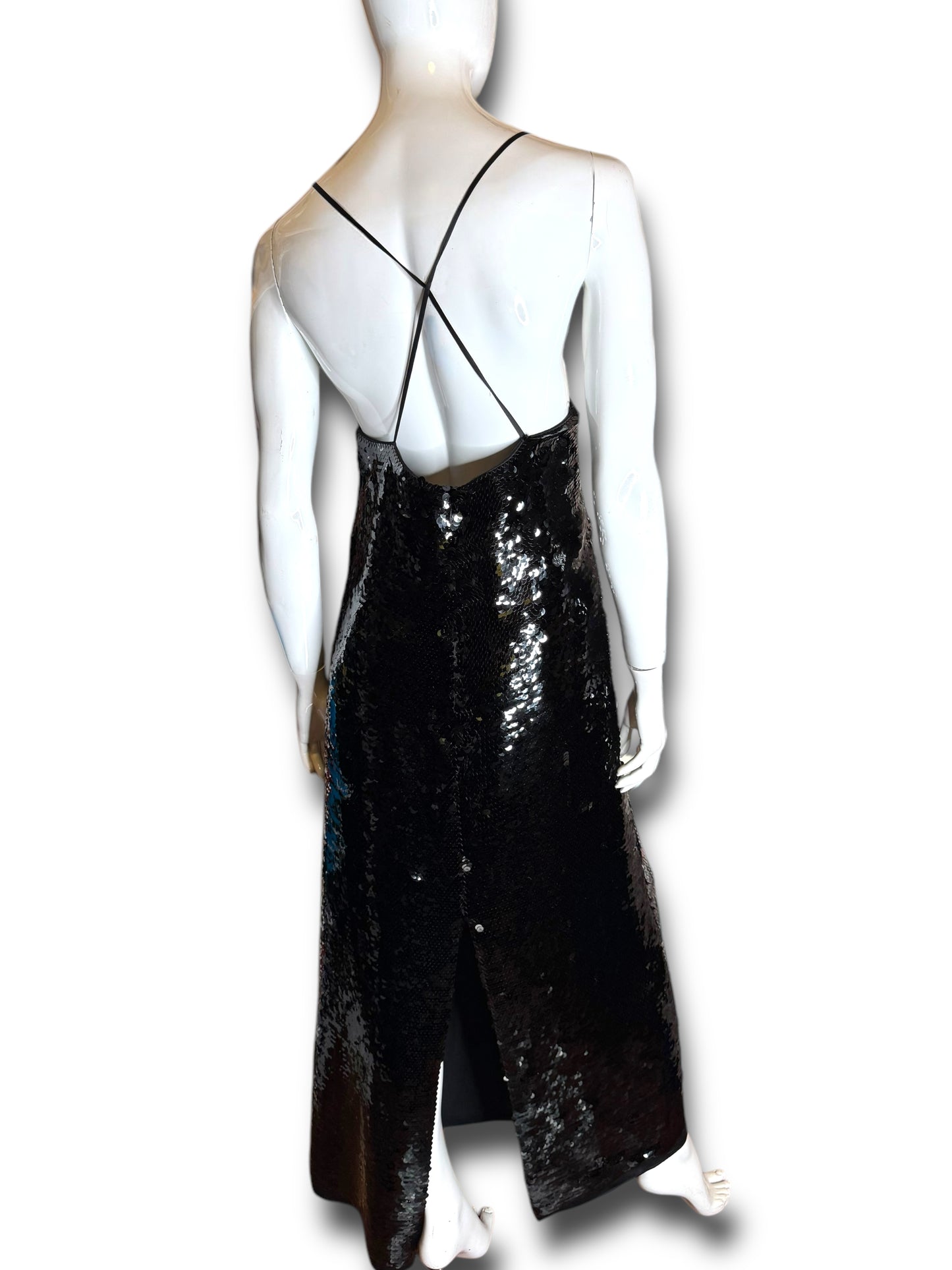 Abito lungo Gucci in seta con paillettes nere e dettagli cuore Made In Italy