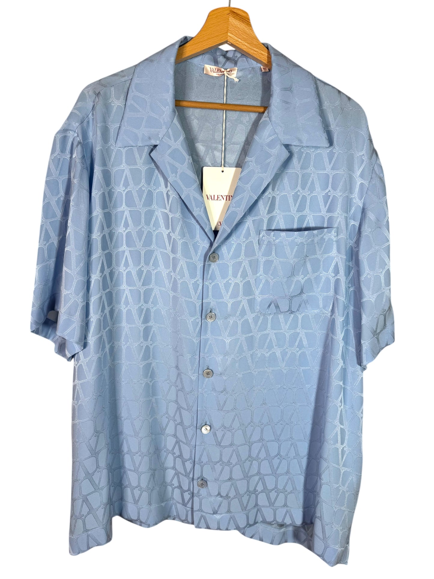 Valentino camicia seta azzurra con monogramma V logo tono su tono TG 46