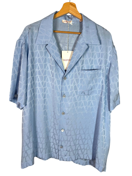 Valentino camicia seta azzurra con monogramma V logo tono su tono TG 46