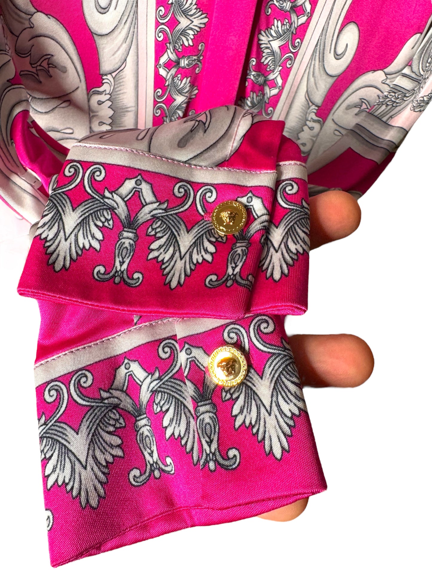Abito chemisier Versace barocco rosa/fucsia stampa cherubini TG 40 – Nuovo