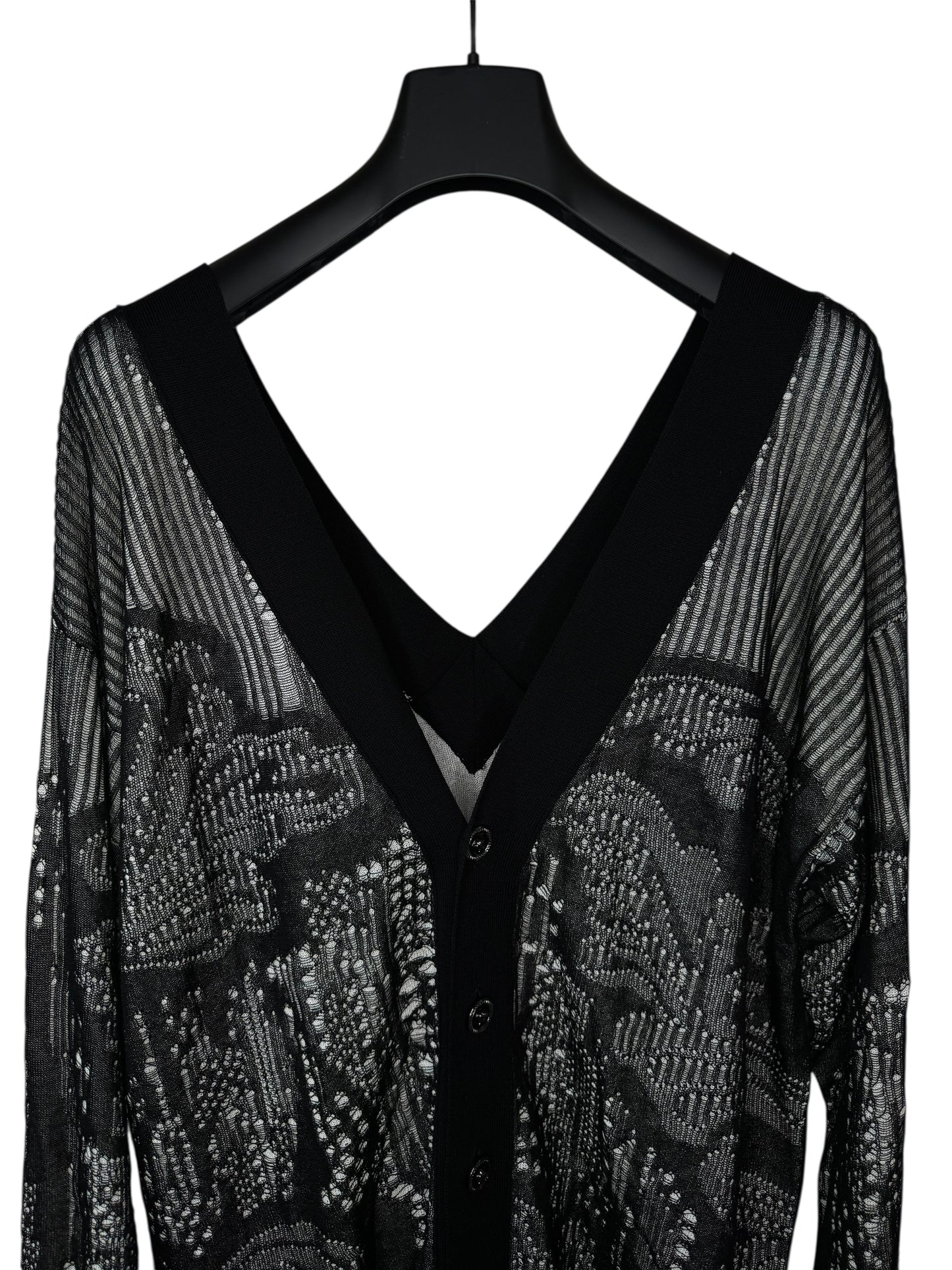 Cardigan Versace nero in cotone traforato lavorazione a punti caduti