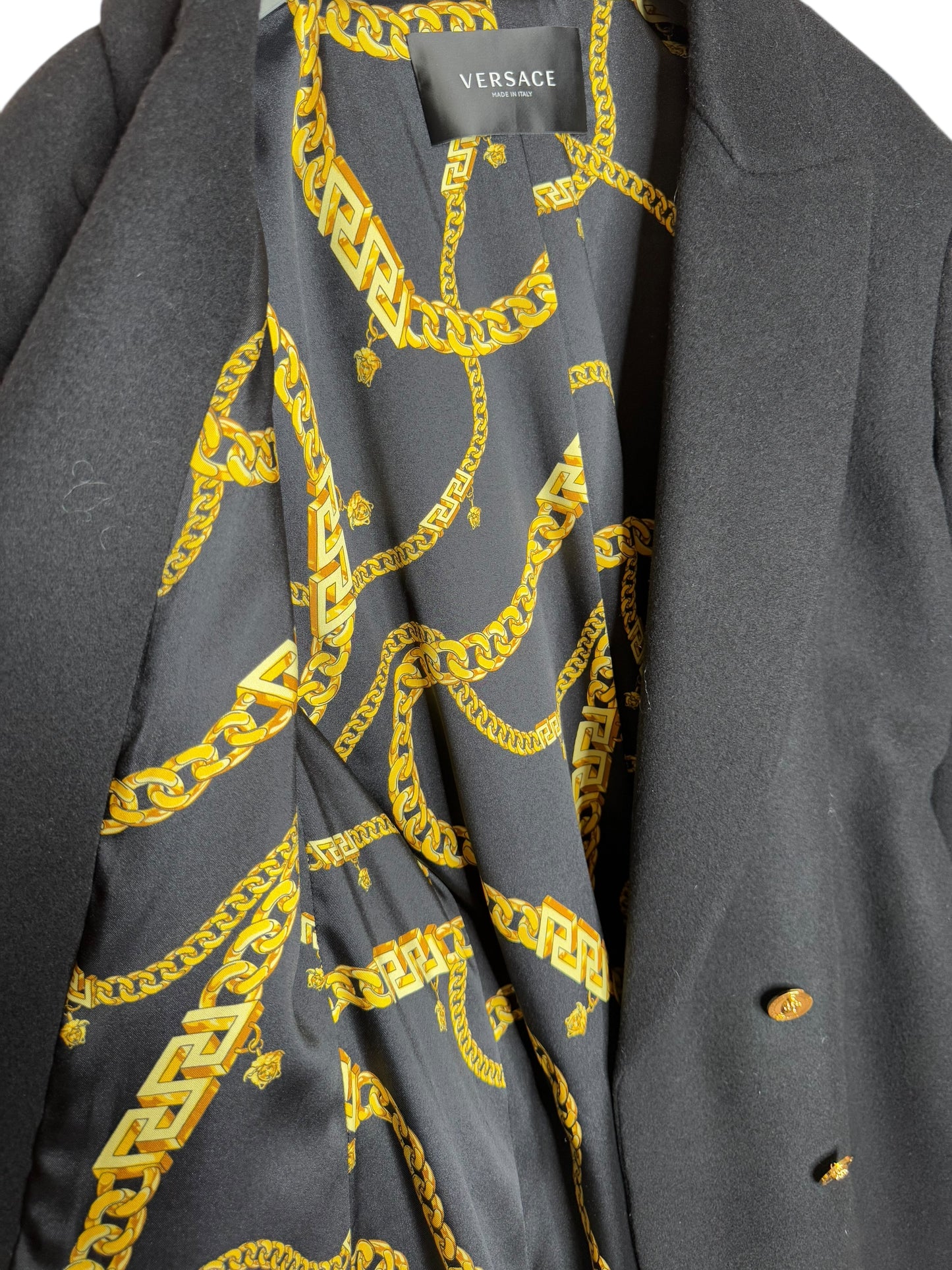 Cappotto doppiopetto uomo Versace nero lana tg. 50 bottoni Medusa oro