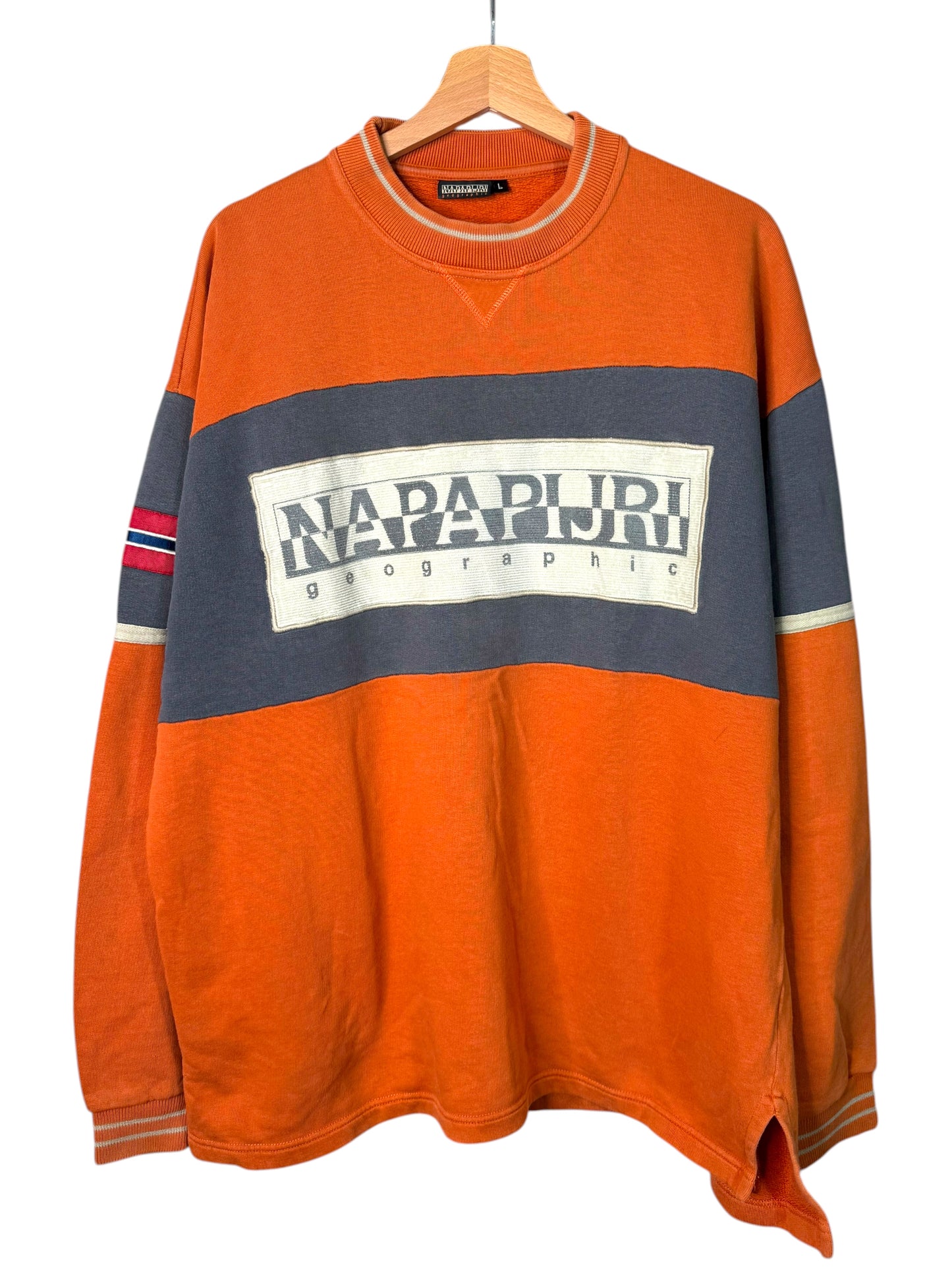 Felpa vintage Napapijri Geographic arancione/grigia con logo frontale Taglia L