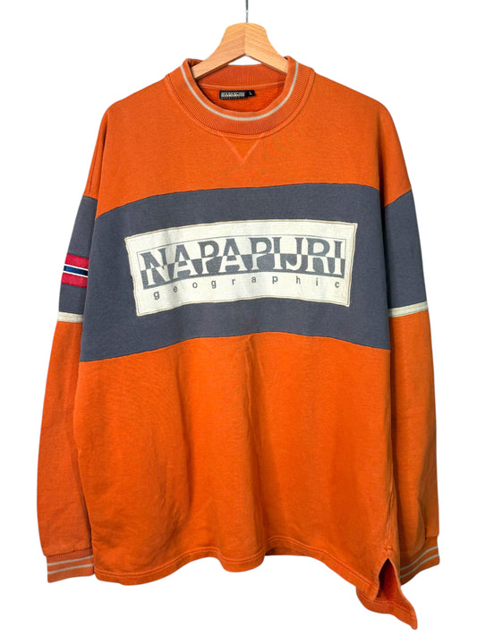 Felpa vintage Napapijri Geographic arancione/grigia con logo frontale Taglia L