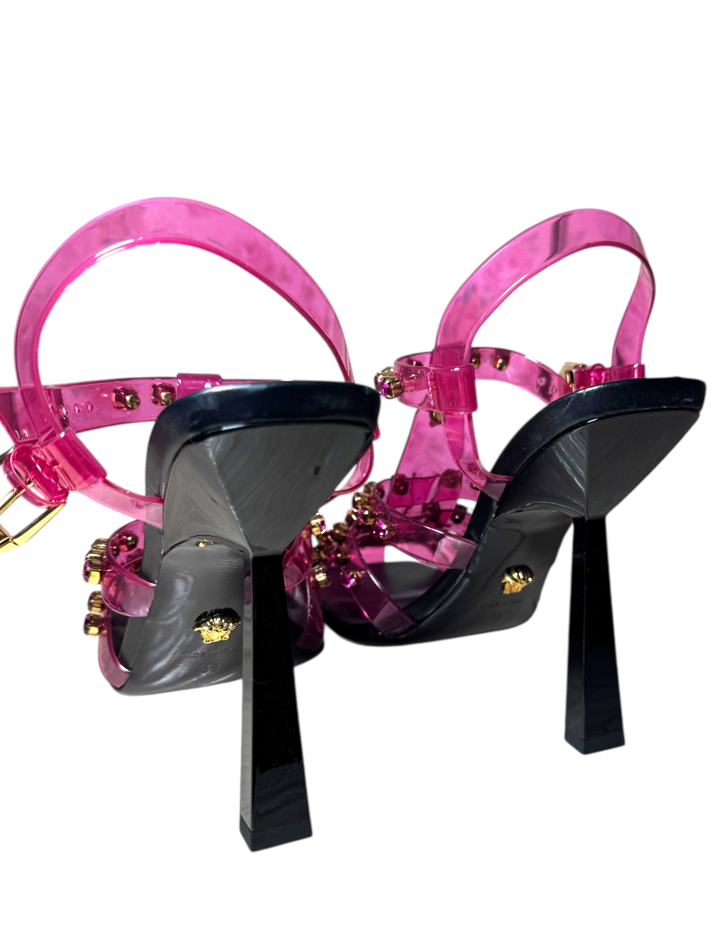 Sandali Versace in PVC rosa con cristalli e borchie Medusa – Taglia 39 IT – Made in Italy