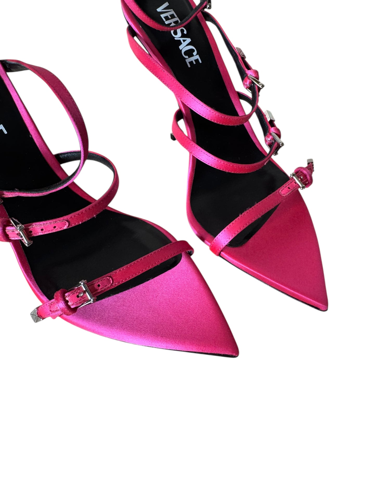 Sandali donna Versace satinati fucsia con tacco a spillo in metallo – Taglia 40