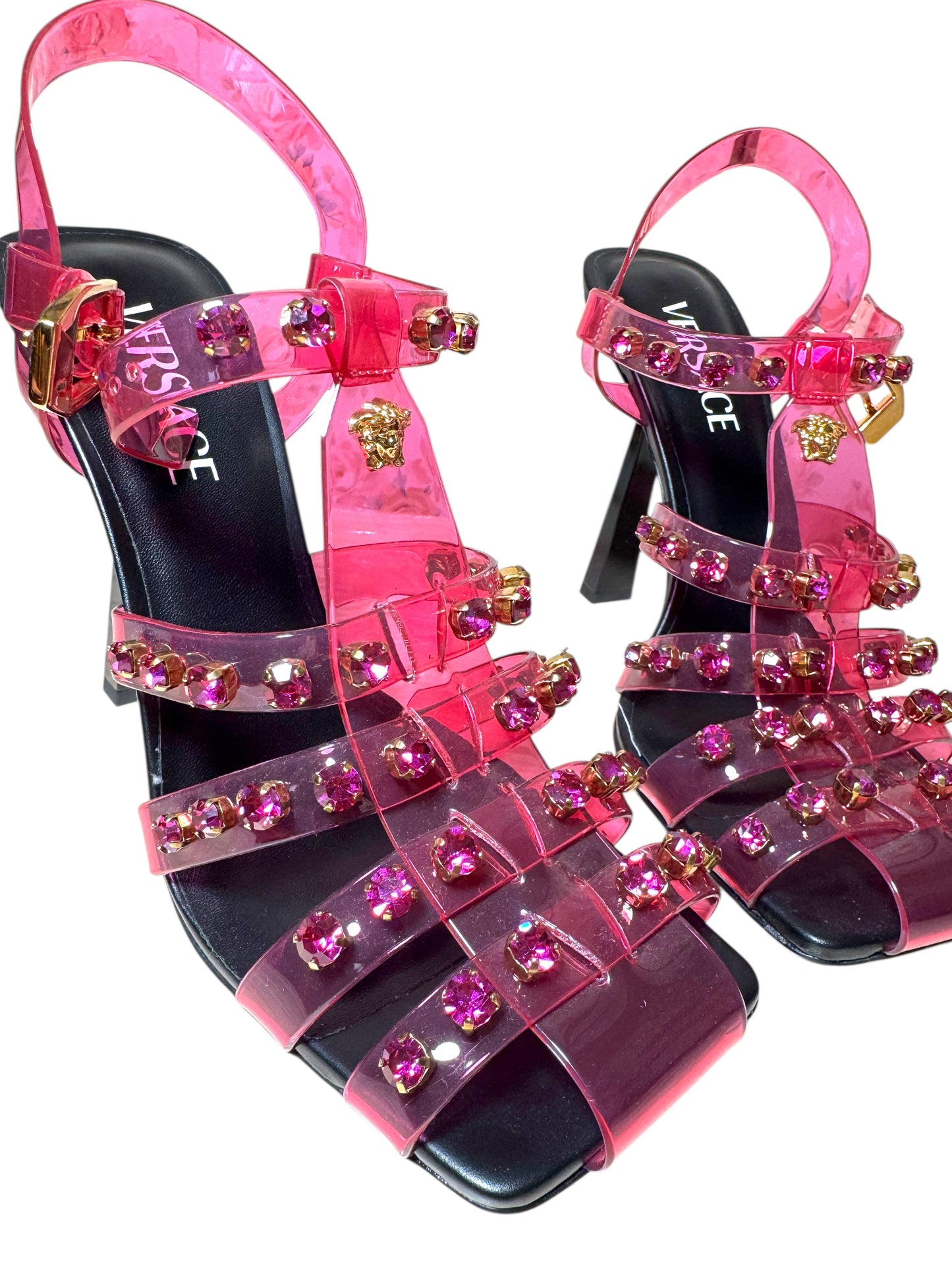 Sandali Versace in PVC rosa con cristalli e borchie Medusa – Taglia 39 IT – Made in Italy