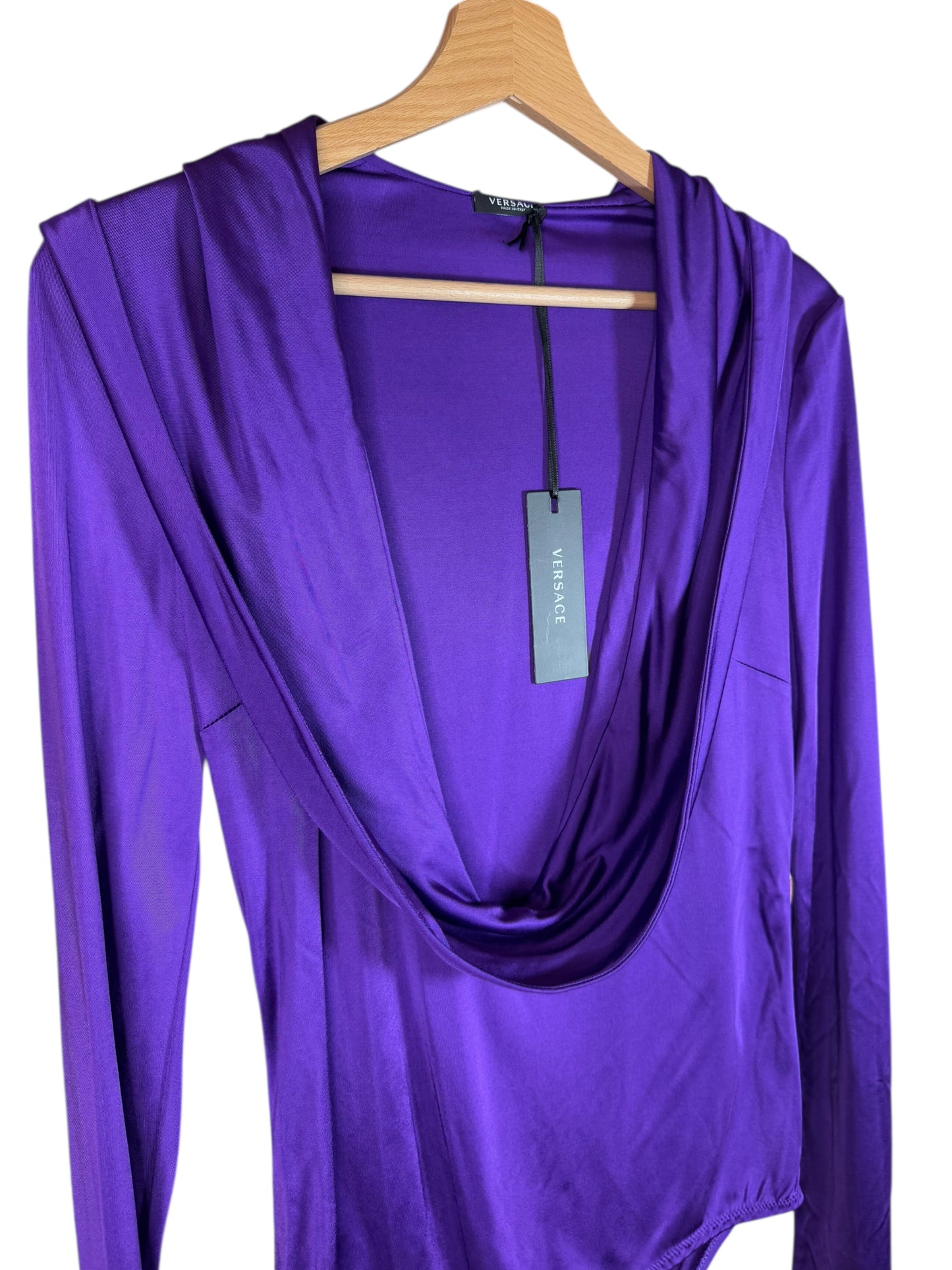 Versace Body Lilla con Cappuccio e Scollo Profondo Drappeggiato - Taglia 40
