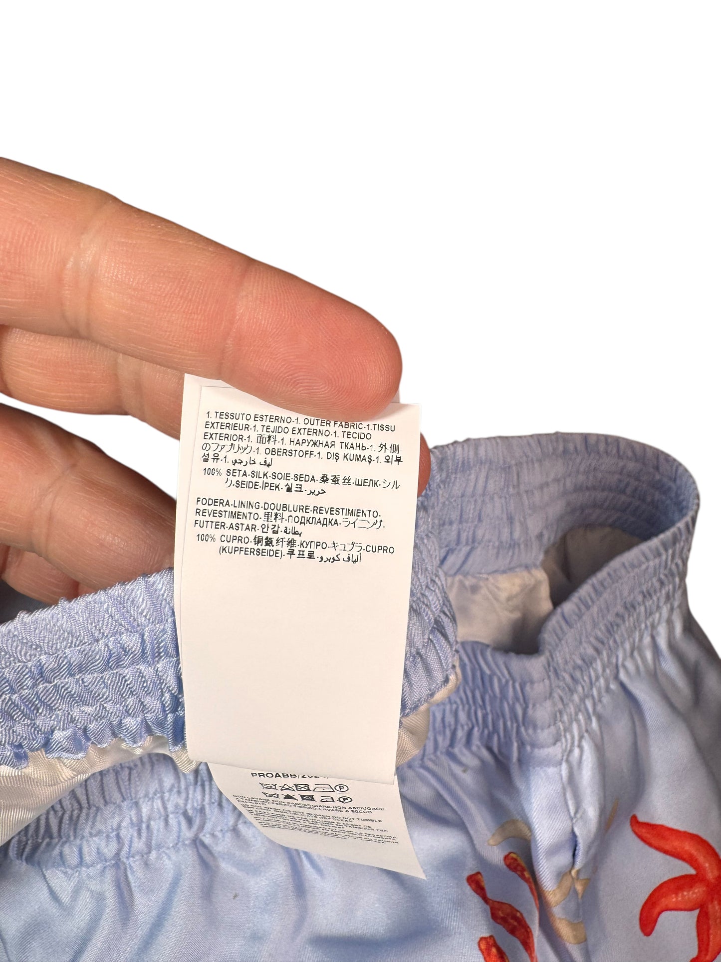 Shorts Versace in seta stampa marina azzurro, nuovi con cartellino