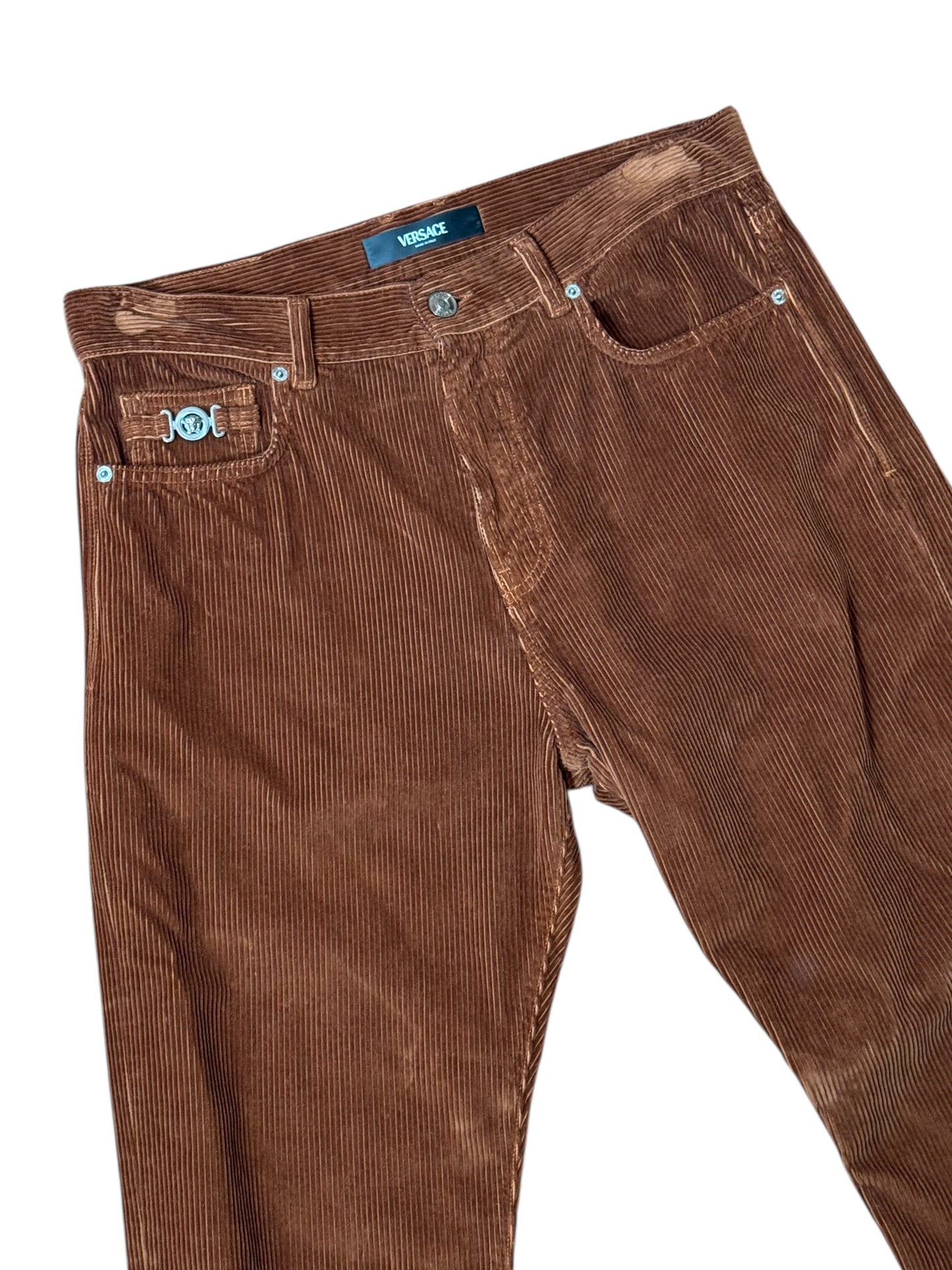 Pantaloni uomo Versace in velluto a coste marrone con logo Medusa – Taglia 32.
