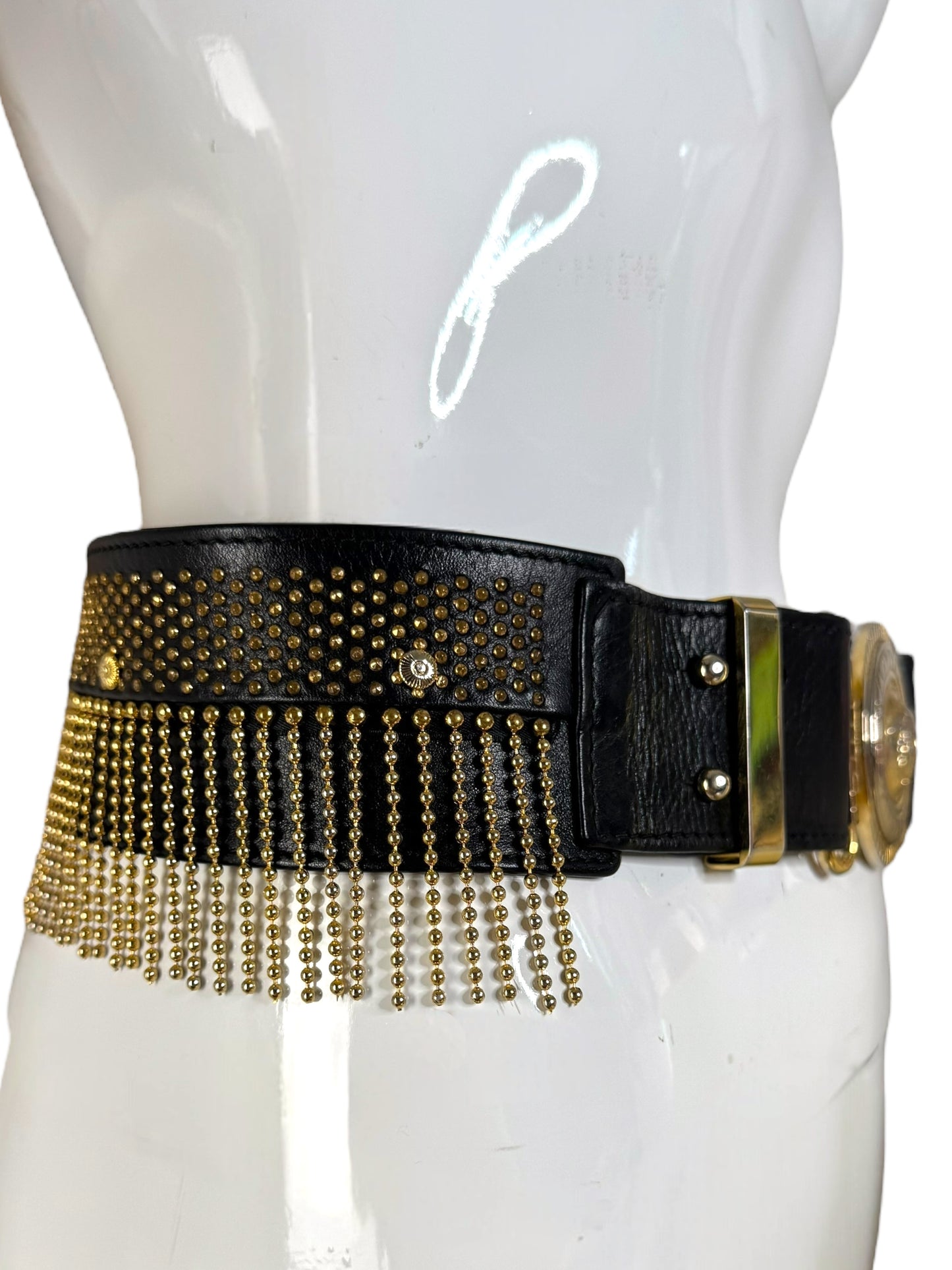 Gianni Versace Cintura Vintage Anni ‘90 in Pelle con Medusa e Frange Dorate