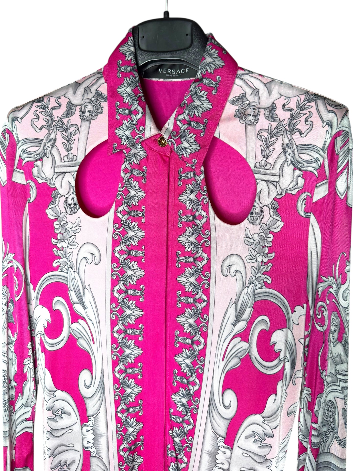 Abito chemisier Versace barocco rosa/fucsia stampa cherubini TG 40 – Nuovo