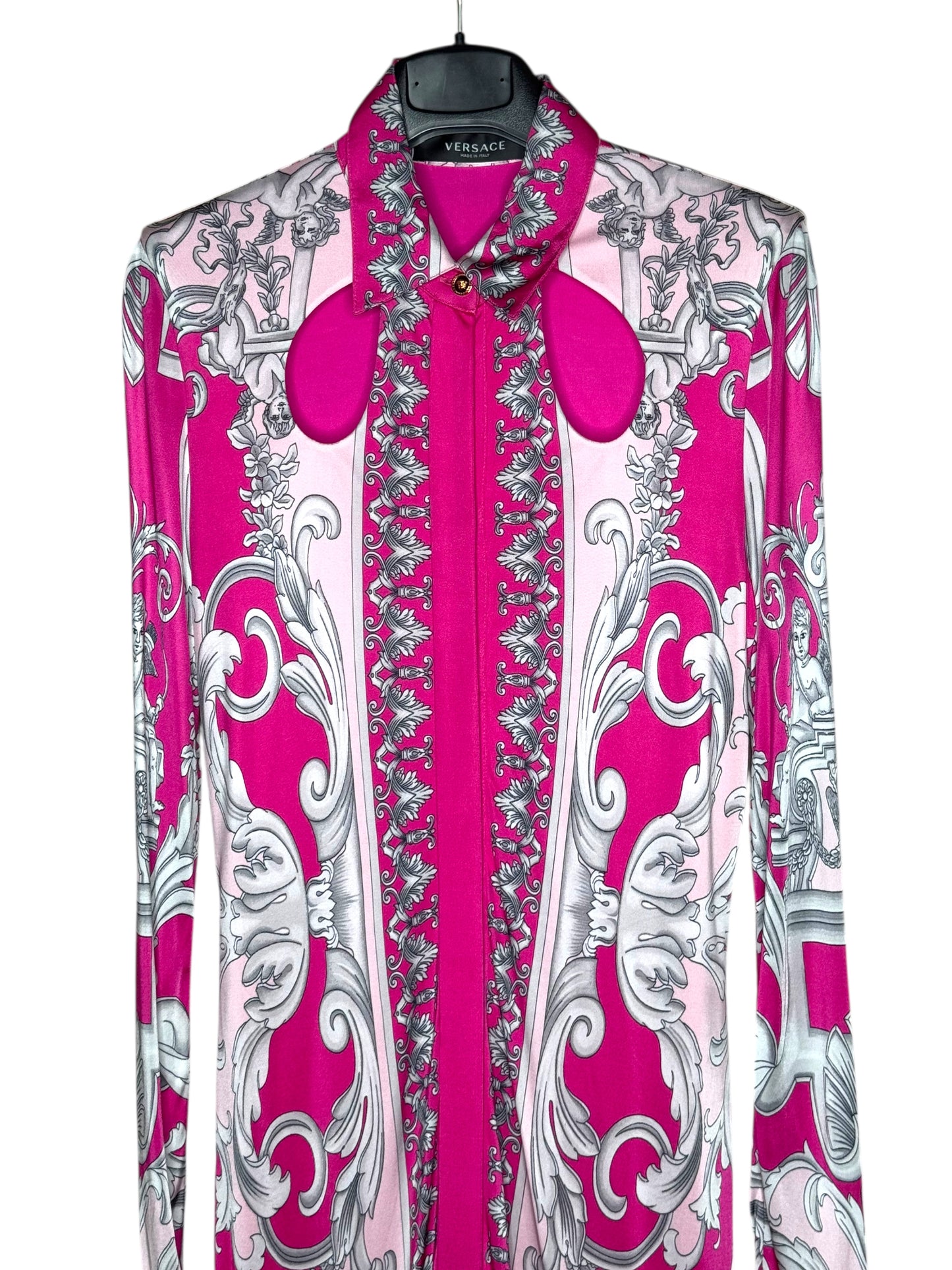 Abito chemisier Versace barocco rosa/fucsia stampa cherubini TG 40 – Nuovo