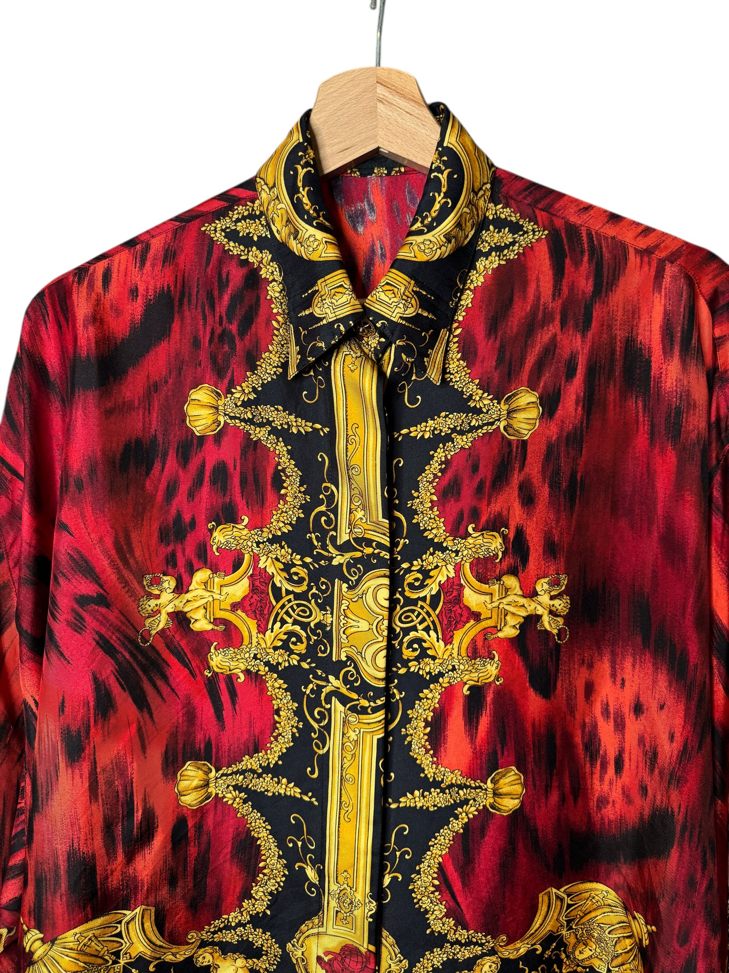 Camicia vintage Gianni Versace – Linea Istante – Taglia 42 – Stampa barocca oro e animalier rossa