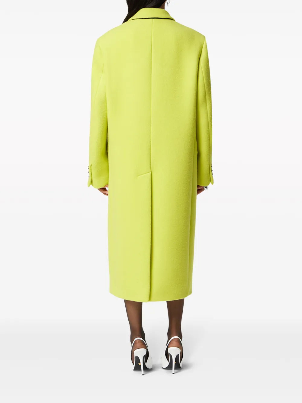Cappotto lungo Versace giallo fluo in lana con bottoni argento