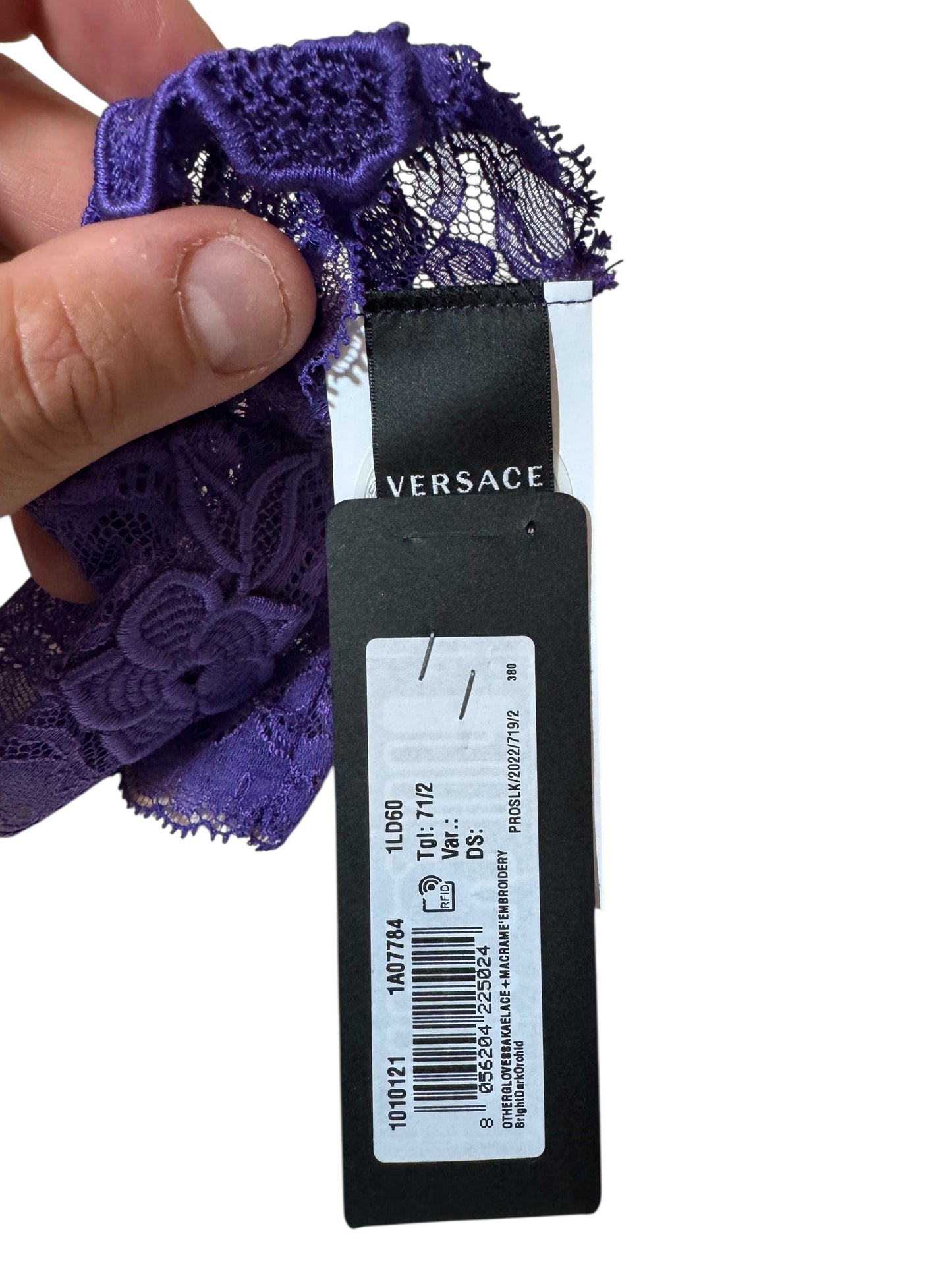Guanti pizzo viola Versace – Ricamo floreale – Taglia 7,5 (M) Made in Italy