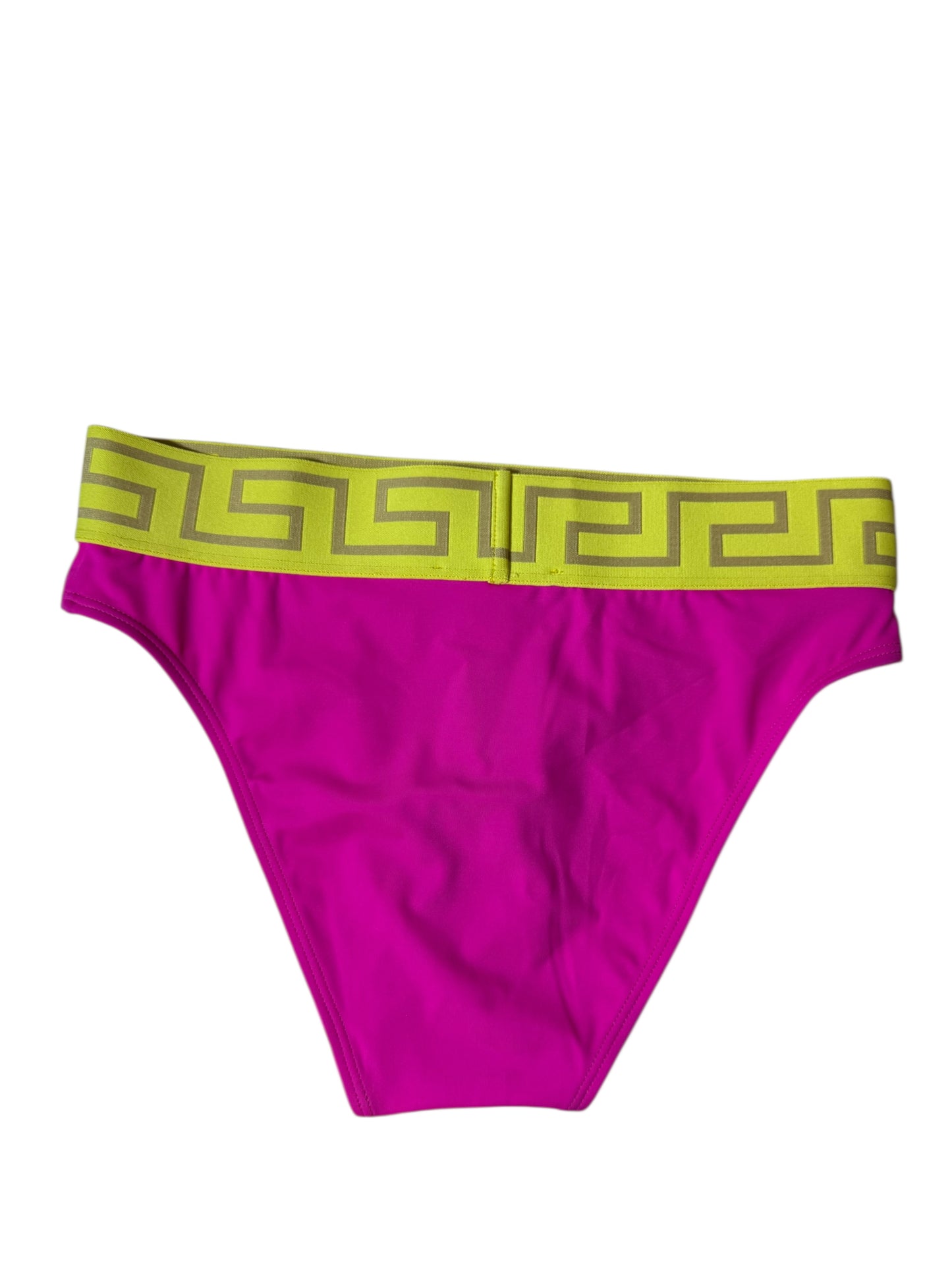 Slip bikini donna Versace fucsia con fascia Greca gialla/oro - Taglia 1 (XS) - Made in Italy