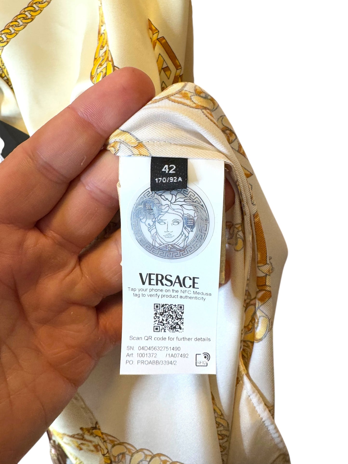 Abito chemisier midi Versace stampa catena oro con cintura Medusa, Made in Italy