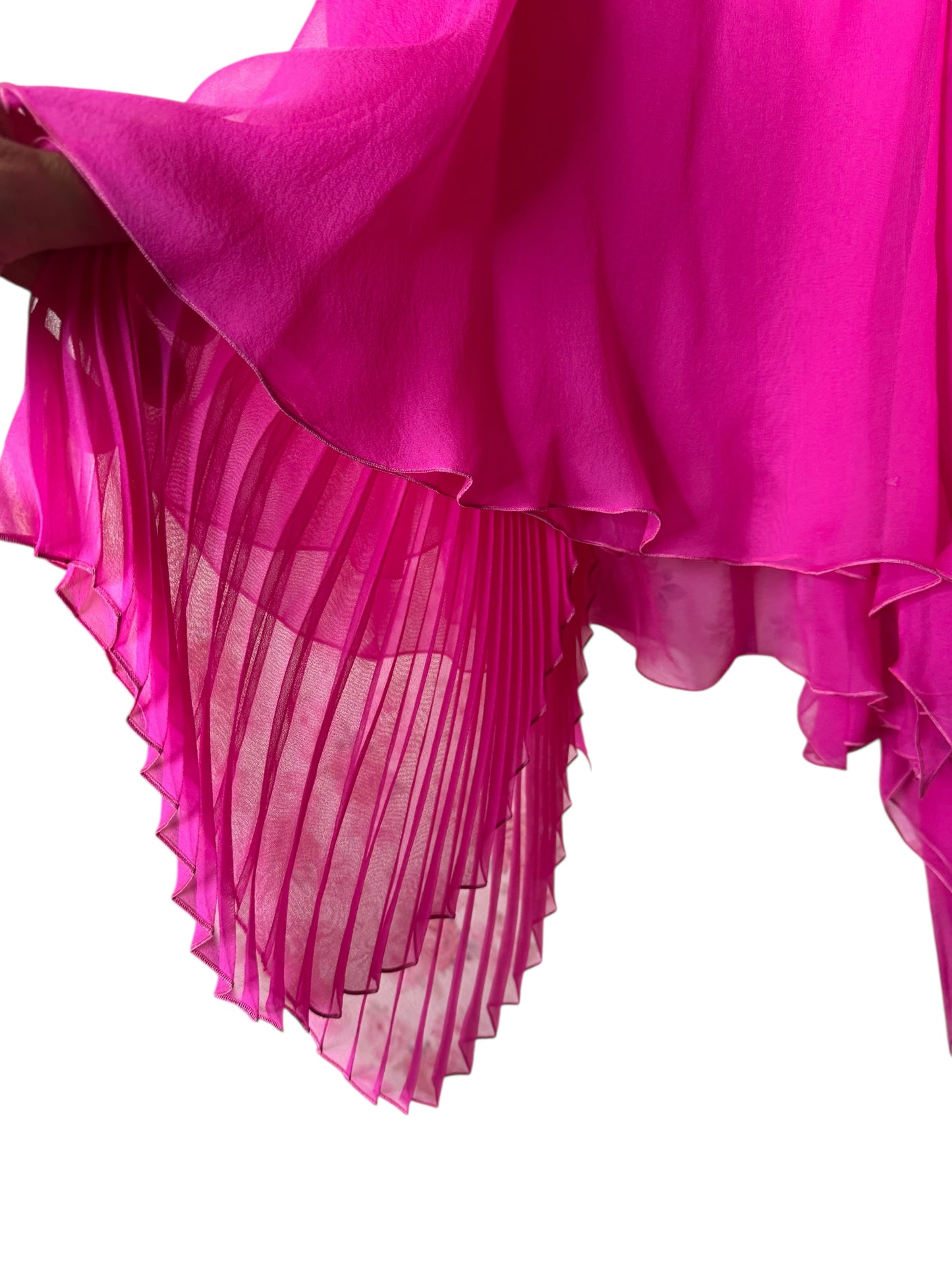 Vestito Versace cocktail in seta fucsia con drappeggi e orlo asimmetrico - taglia 36