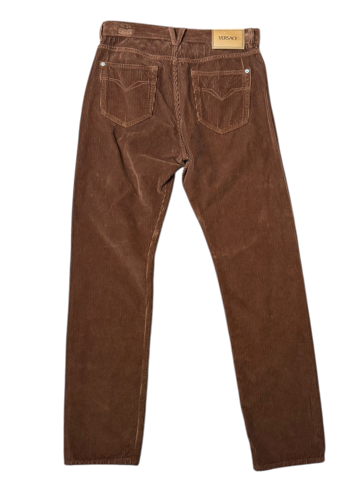 Pantaloni uomo Versace in velluto a coste marrone con logo Medusa – Taglia 32.