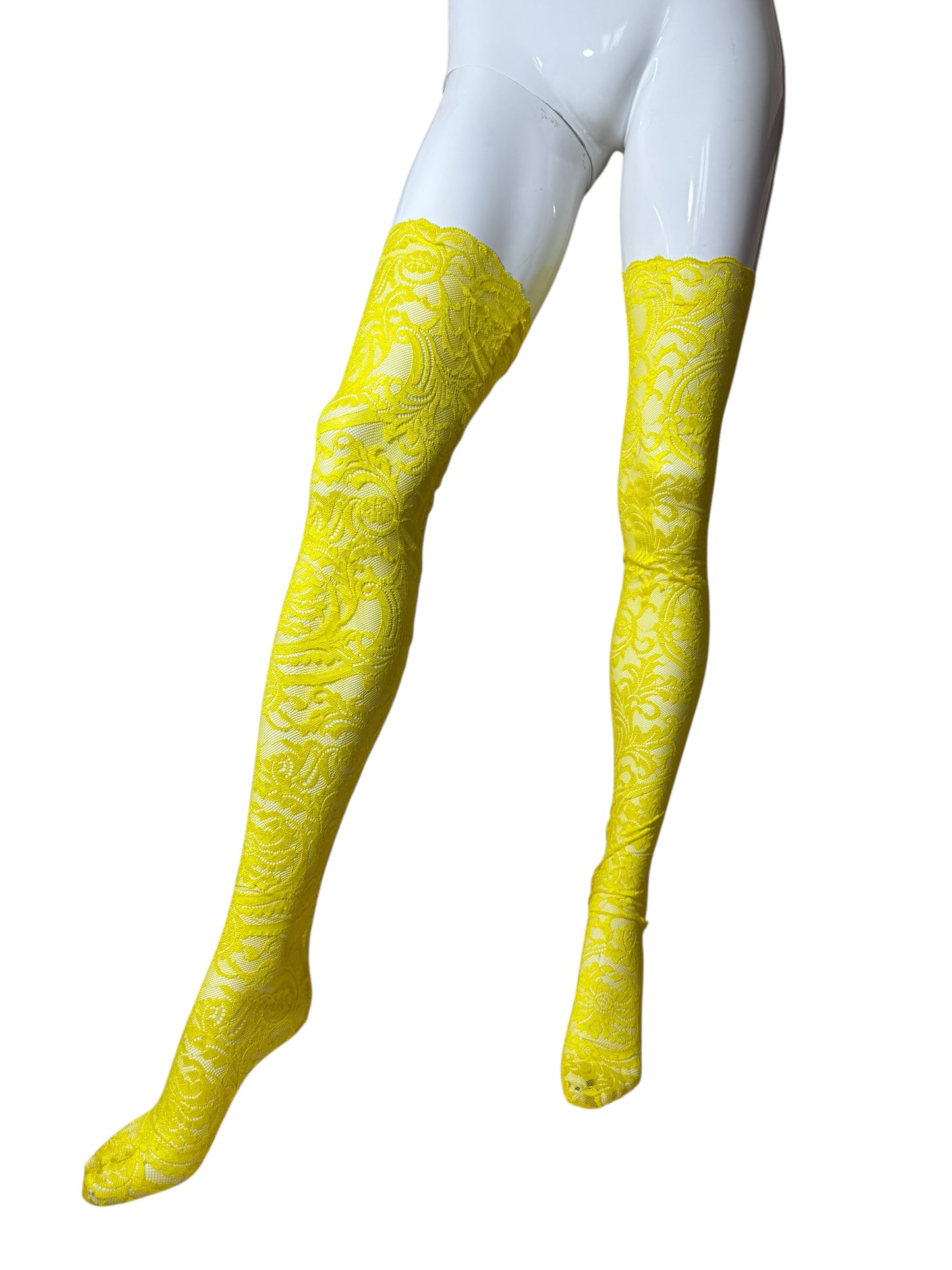 Collant autoreggenti gialli in pizzo Barocco Versace – Taglia M