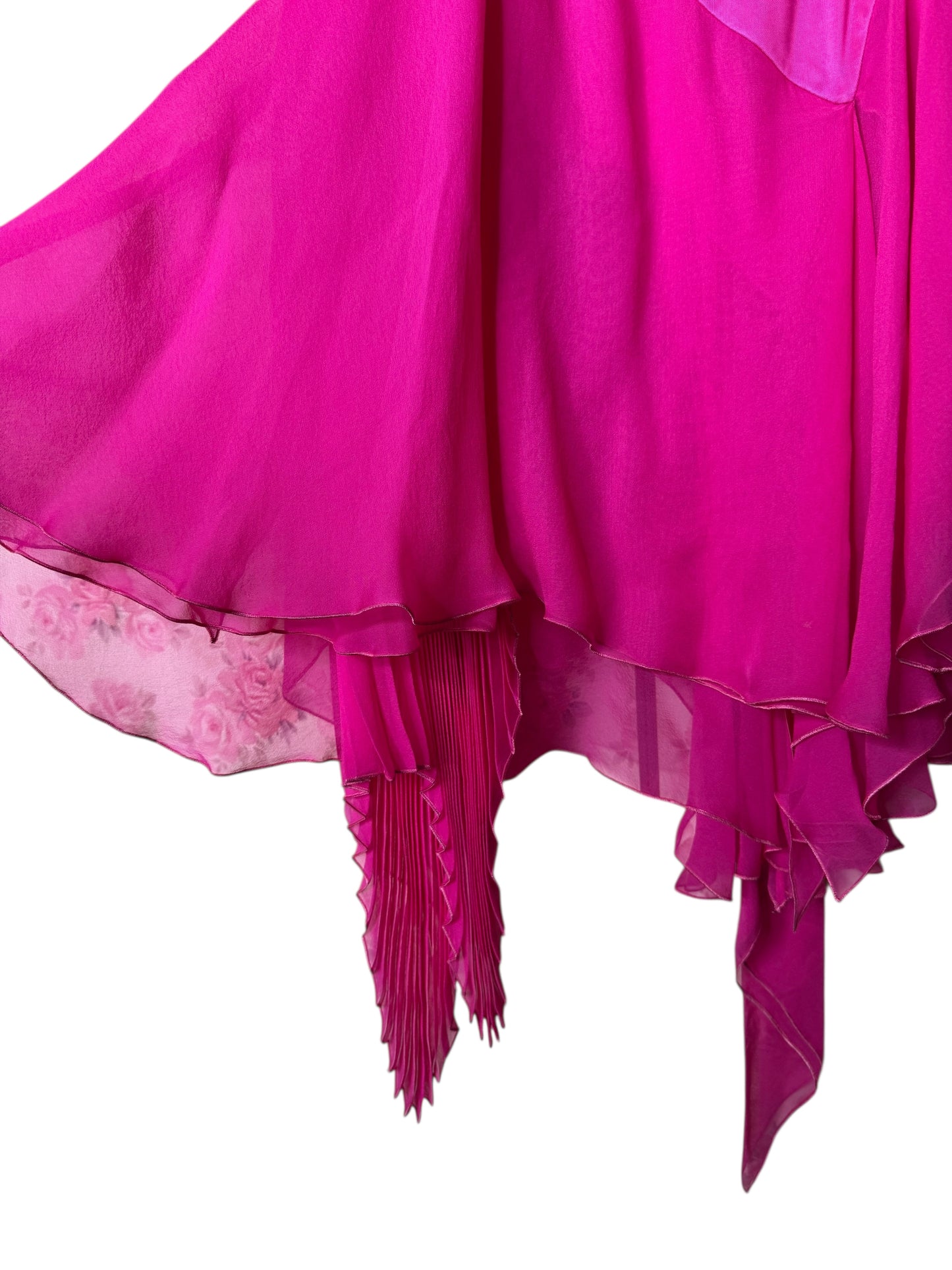 Vestito Versace cocktail in seta fucsia con drappeggi e orlo asimmetrico - taglia 36