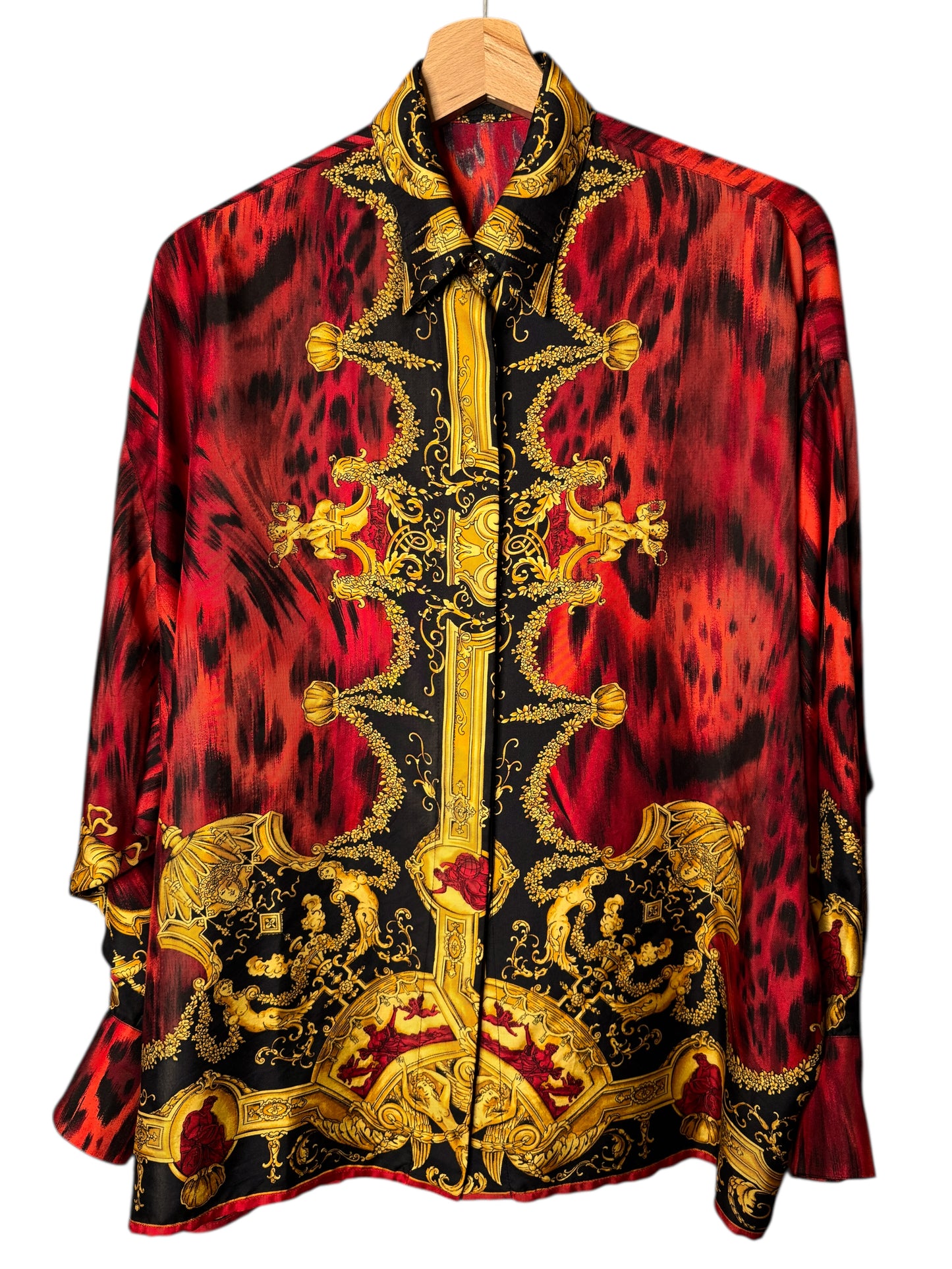 Camicia vintage Gianni Versace – Linea Istante – Taglia 42 – Stampa barocca oro e animalier rossa