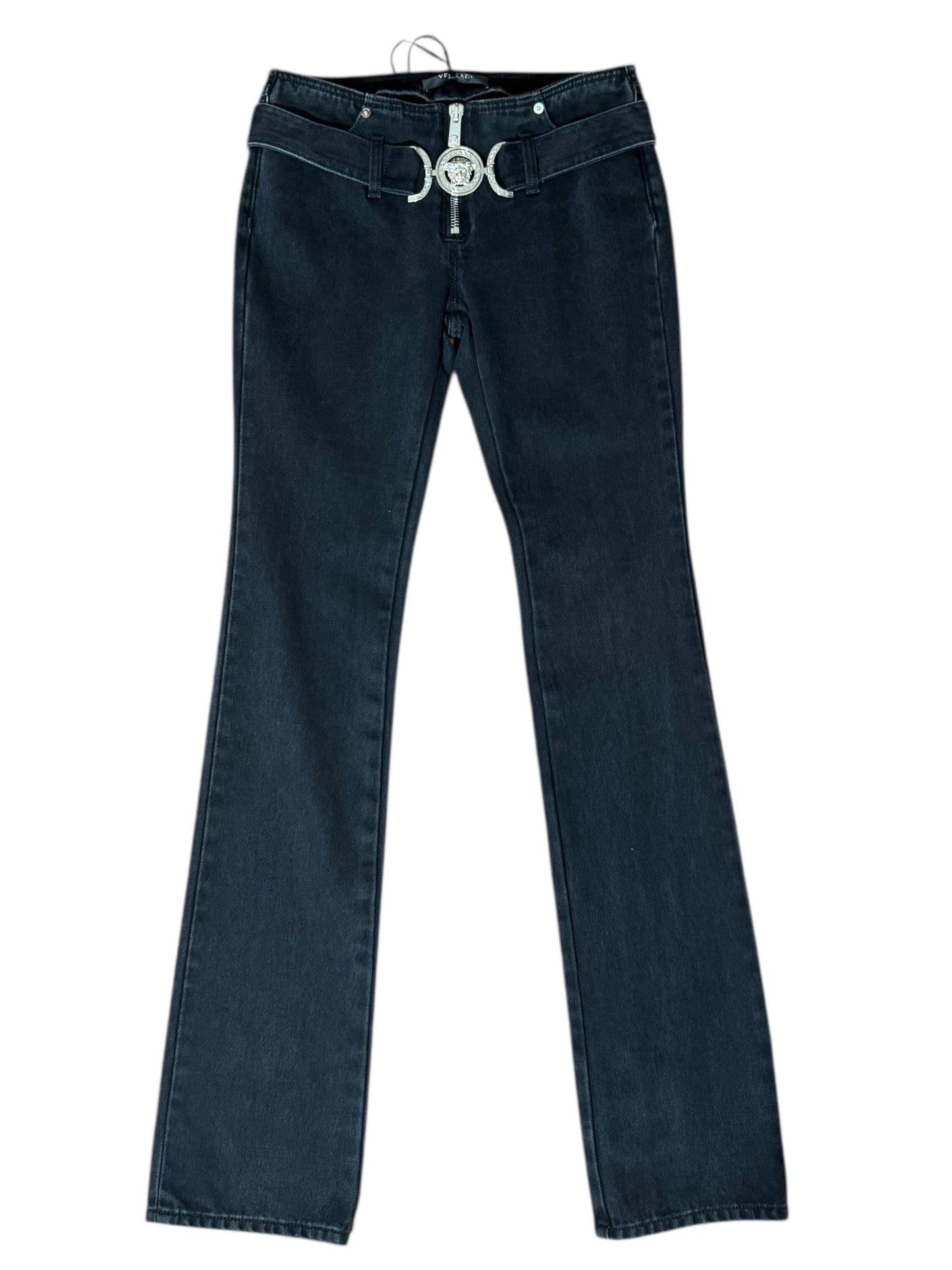 Jeans VERSACE Donna Tg 25 – Modello Flare Vita Bassa Nero con Medusa