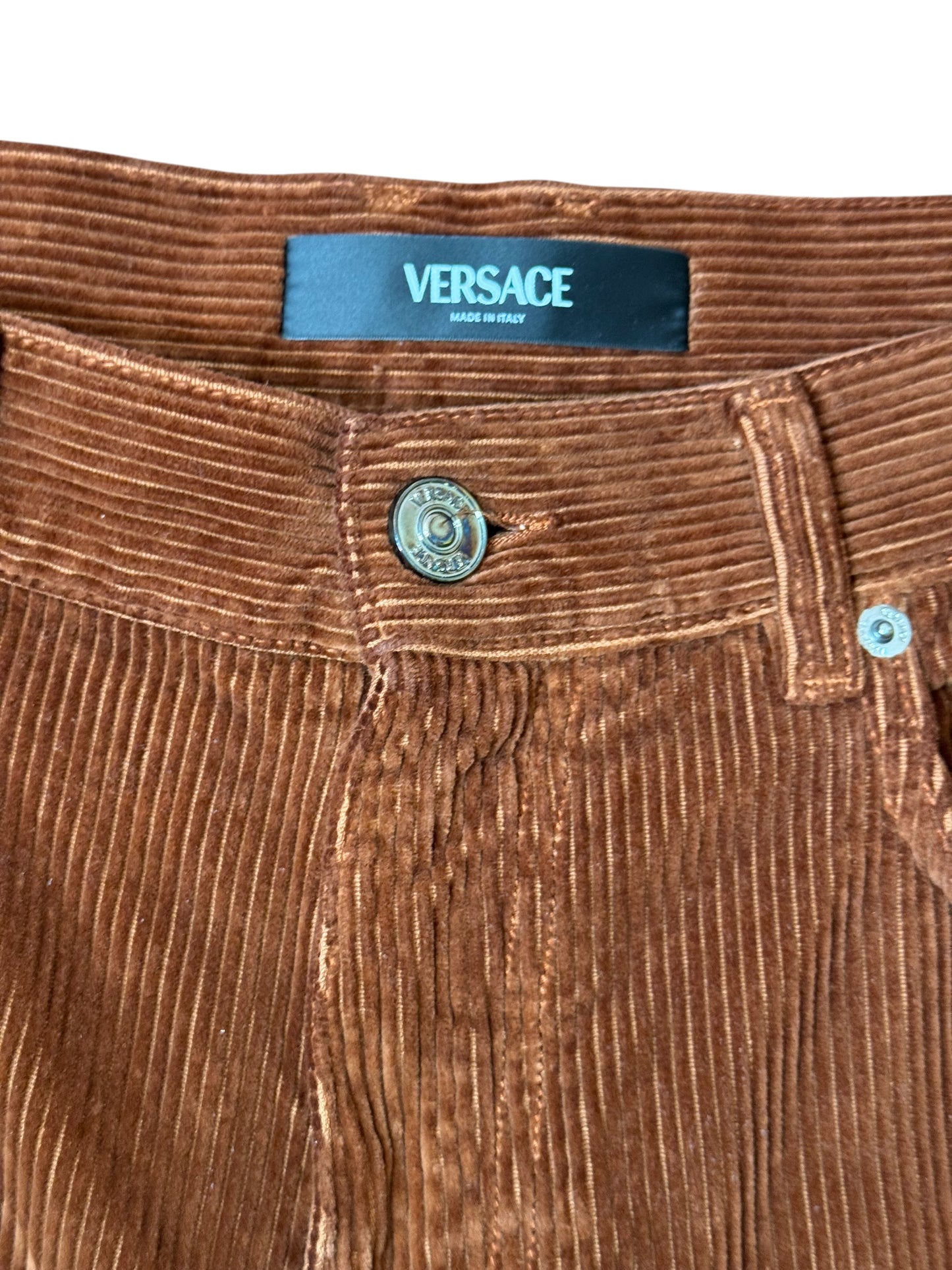 Pantaloni uomo Versace in velluto a coste marrone con logo Medusa – Taglia 32.