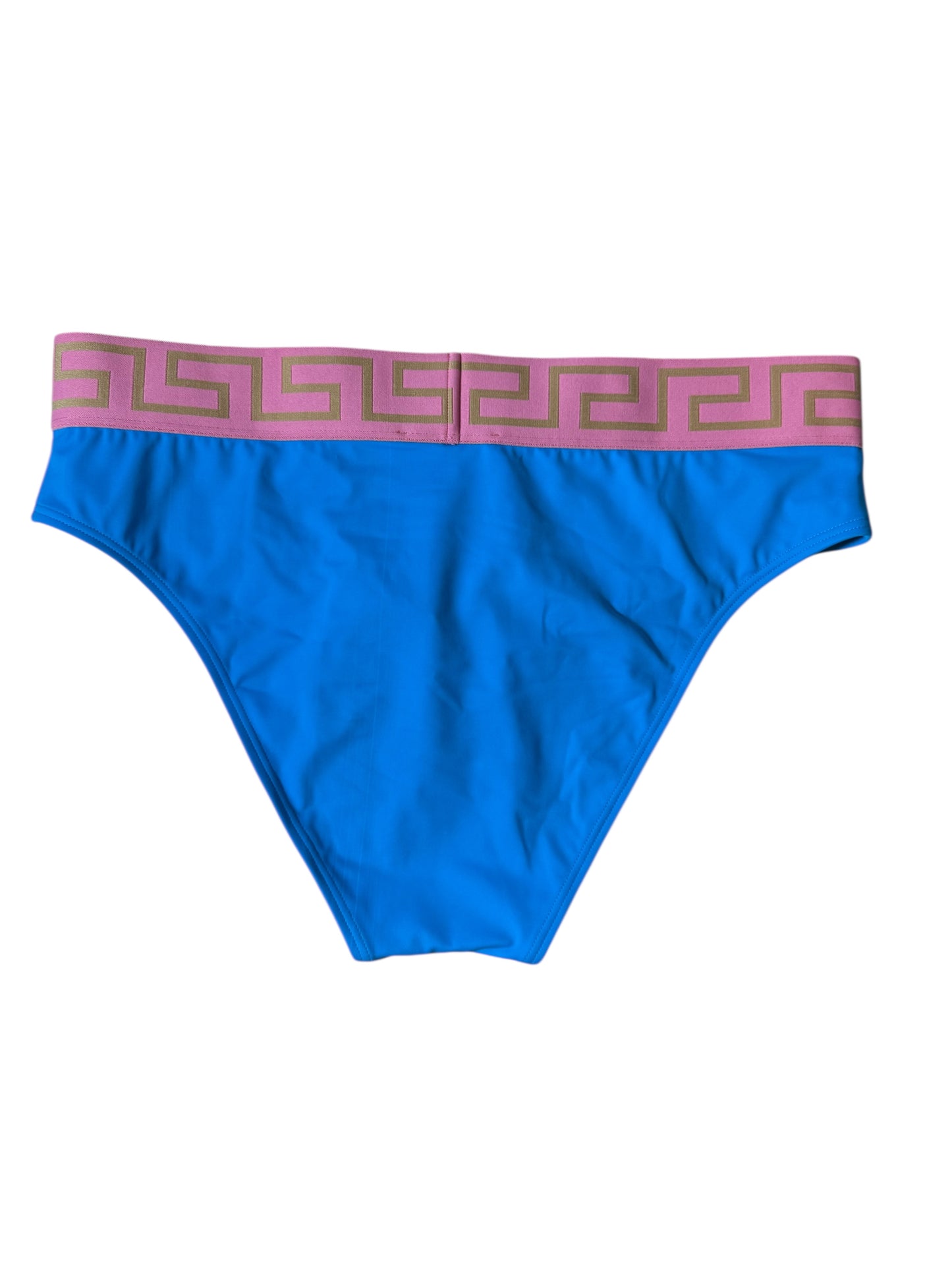 Slip bikini donna Versace blu con fascia Greca rosa e oro - Taglia 5 (XL) - Made in Italy