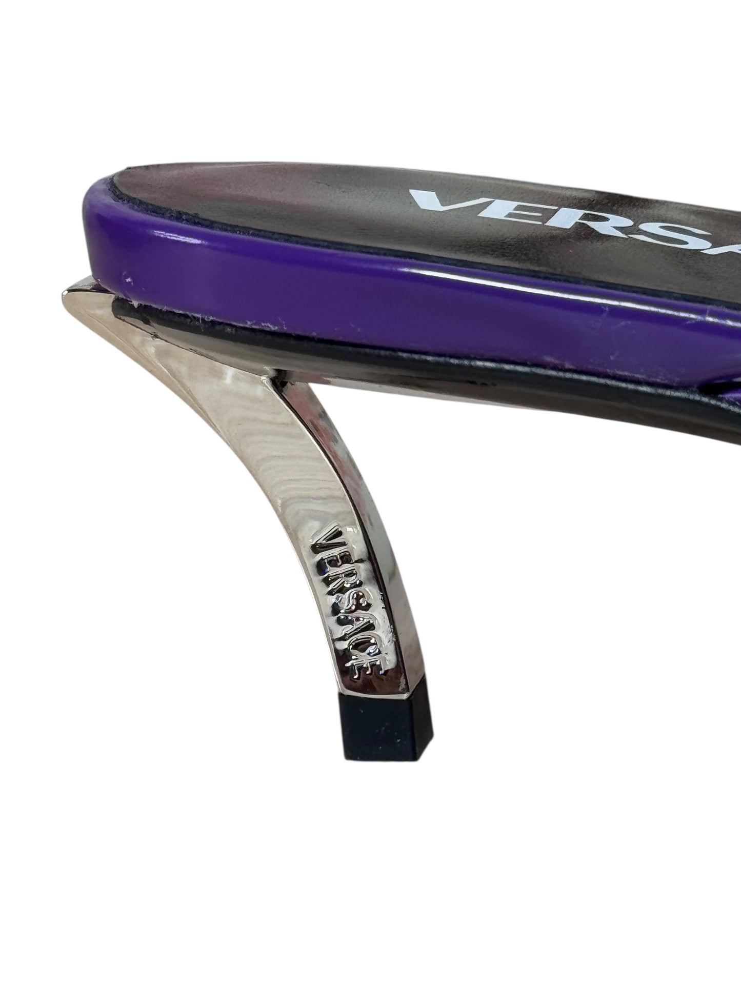 Versace Mules in Vernice Viola con Lacci e Tacco in Metallo – Taglia 40