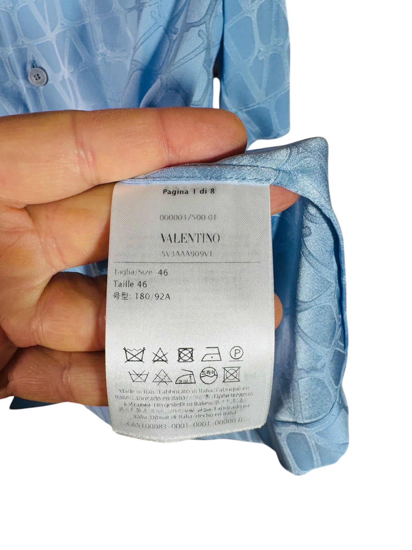 Valentino camicia seta azzurra con monogramma V logo tono su tono TG 46