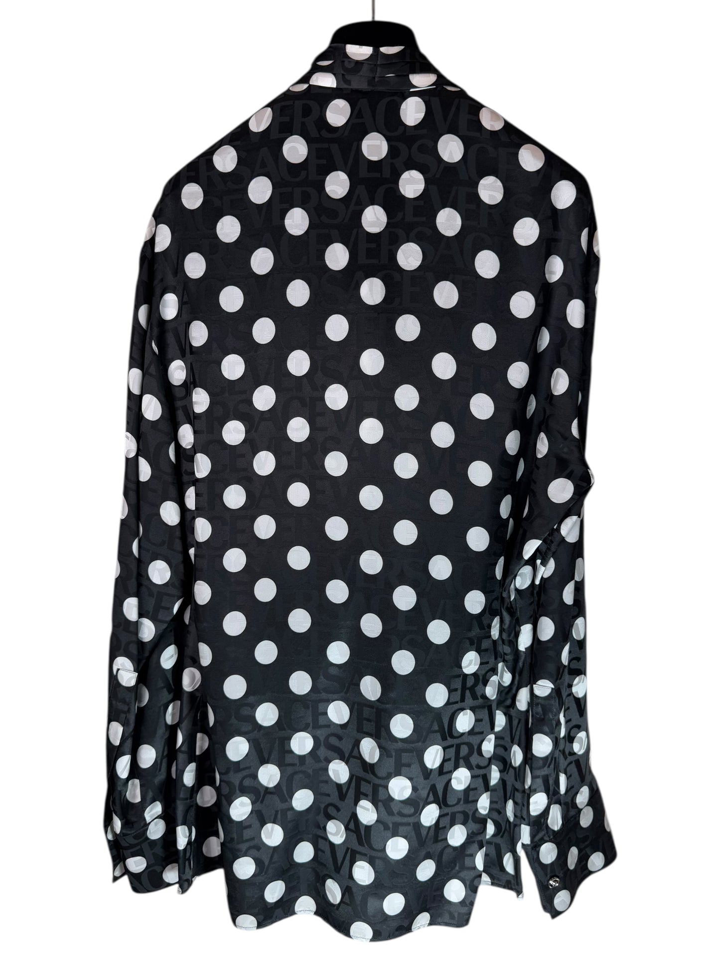Camicia Versace pois con fiocco e logo jacquard nero bianco TG 38