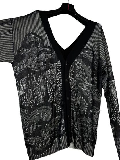 Cardigan Versace nero in cotone traforato lavorazione a punti caduti