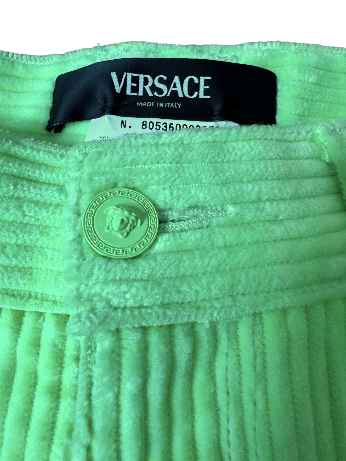 Versace completo giacca e pantaloni in velluto a coste verde lime Made In Italy.