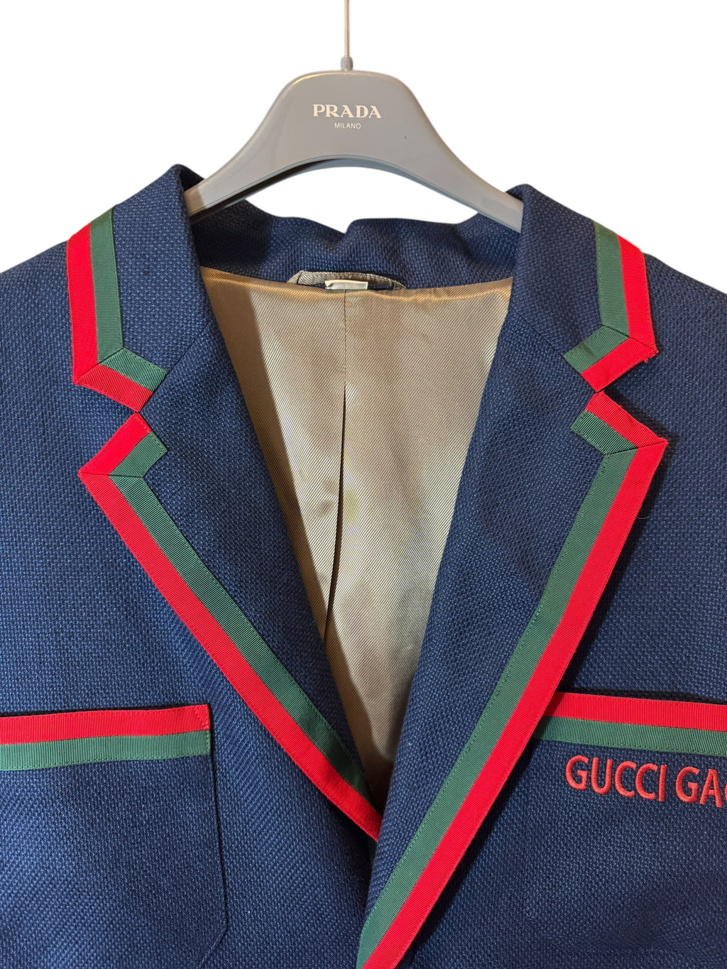 Giacca Blazer Gucci in lino blu con Web stripe e ricamo — foto 6