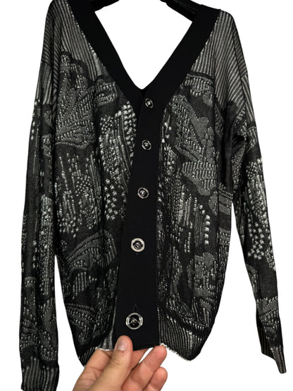 Cardigan Versace nero in cotone traforato lavorazione a punti caduti