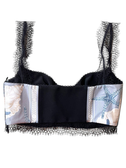 Versace Bra Top in Seta Twill Holiday Print con Pizzo Nero Made in Italy