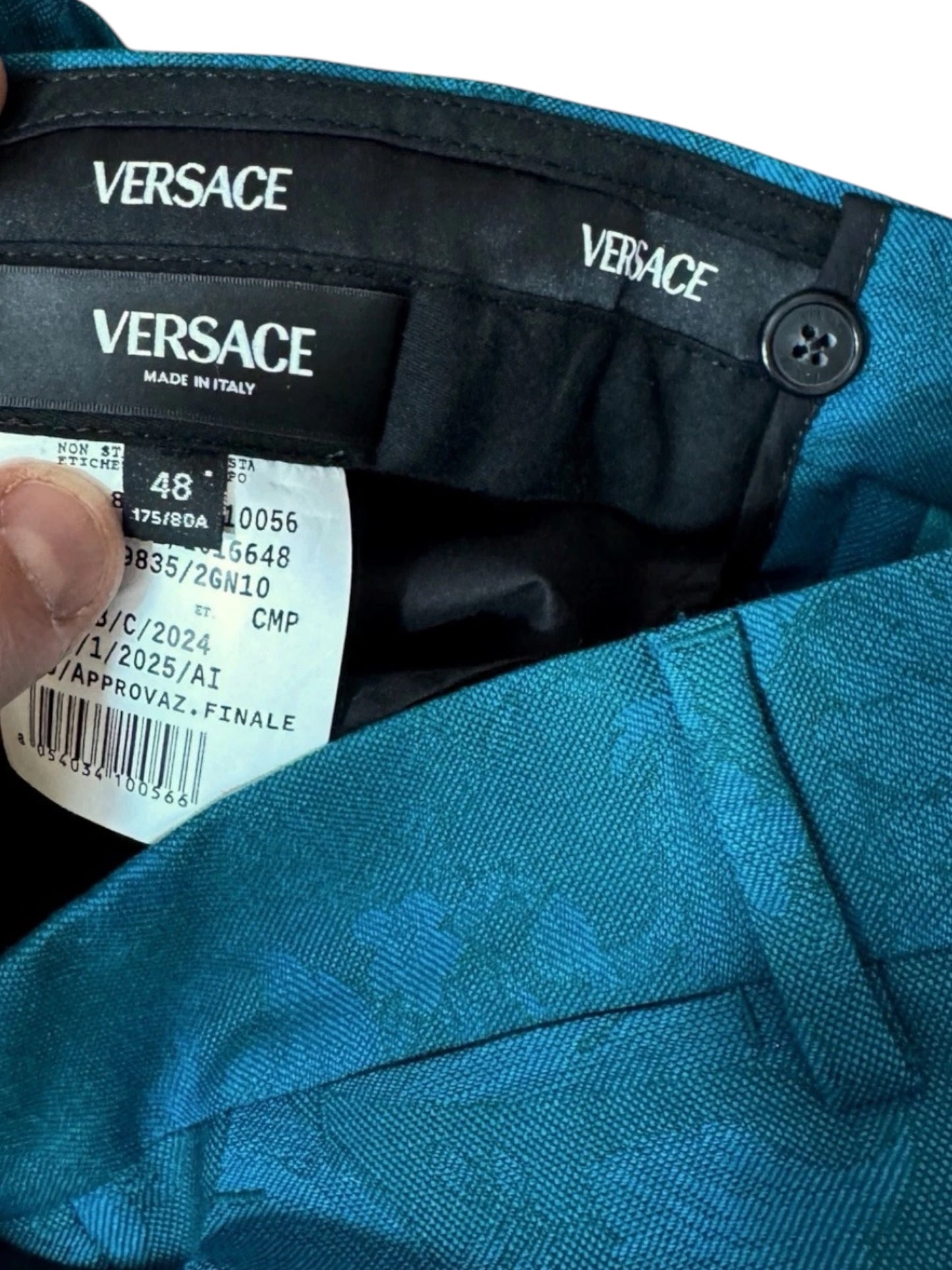 Pantaloni Versace turchesi in jacquard barocco - Taglia 48.
