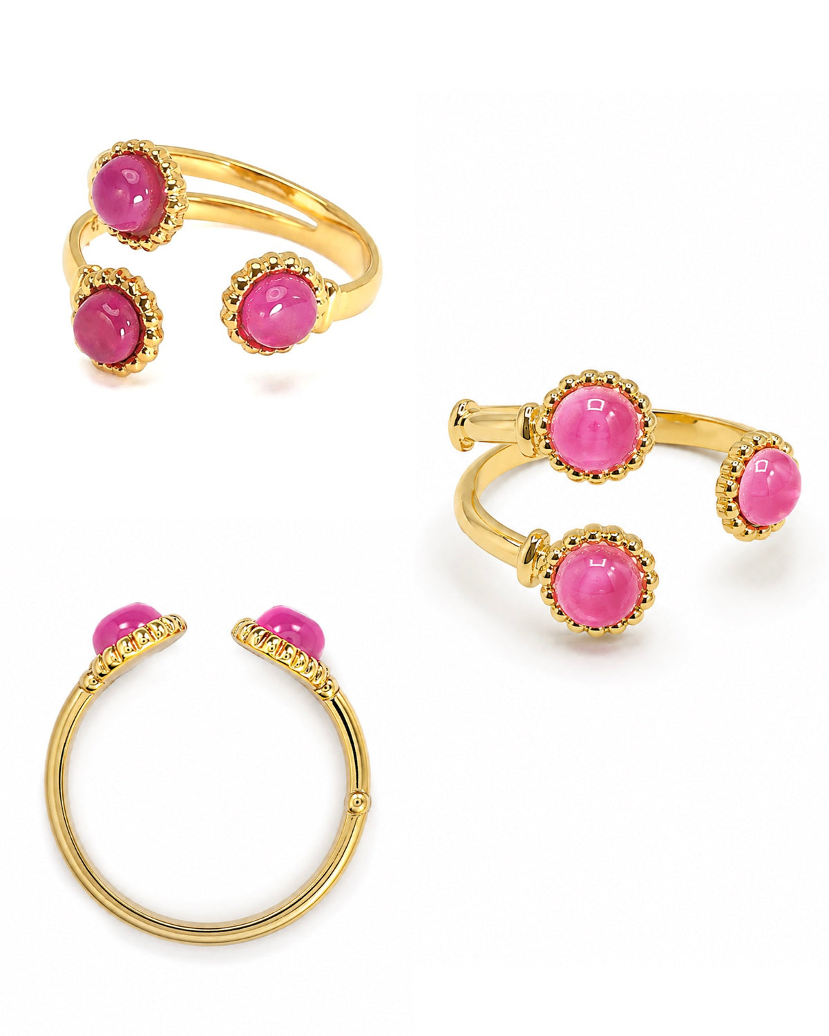 Anello regolabile dorato con tre cabochon fucsia