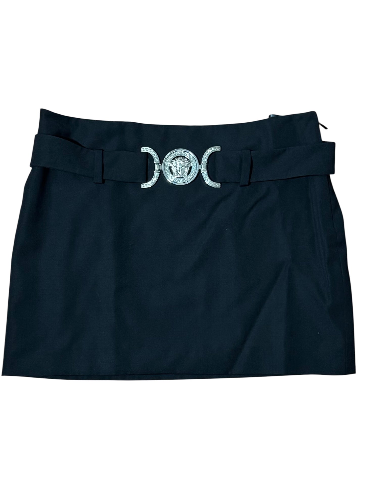 Gonna Versace nera con cintura Medusa in metallo, nuova con cartellino