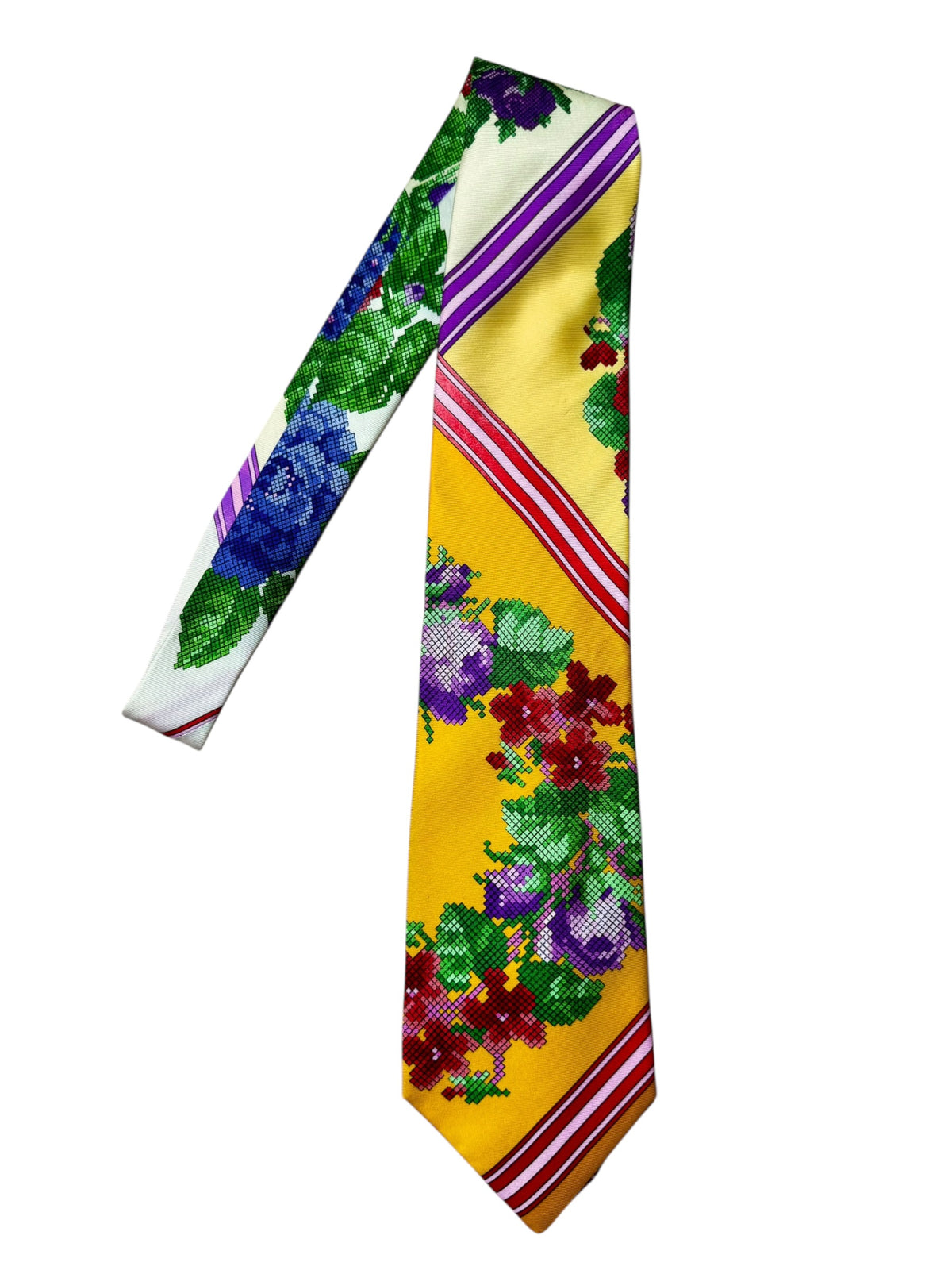 Cravatta Gianni Versace Vintage Seta Floreale Multicolor Fondo Giallo